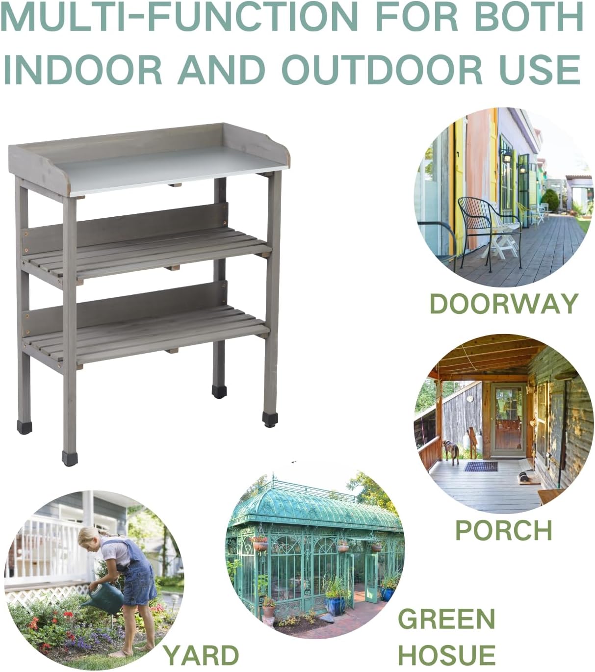 30"x14.5"x35.5" Potting Table with Metal Tabletop, 3-Tier Outdoor Workbench for Garage & Garden