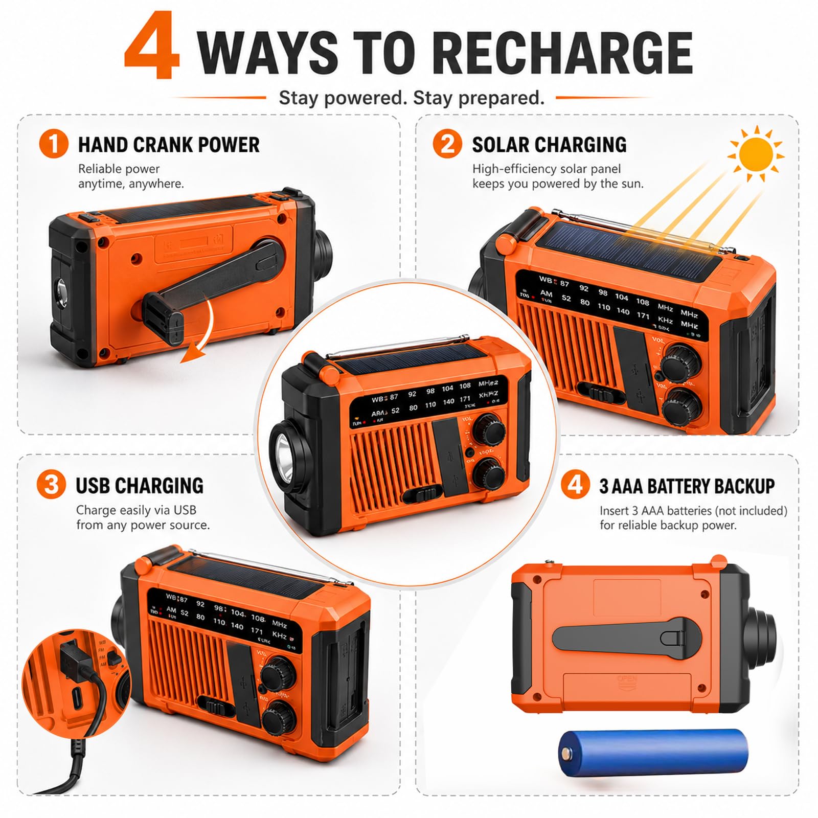 Radio d'urgence solaire à manivelle 2000 mAh AM/FM SOS Lampe LED Charge USB Camping