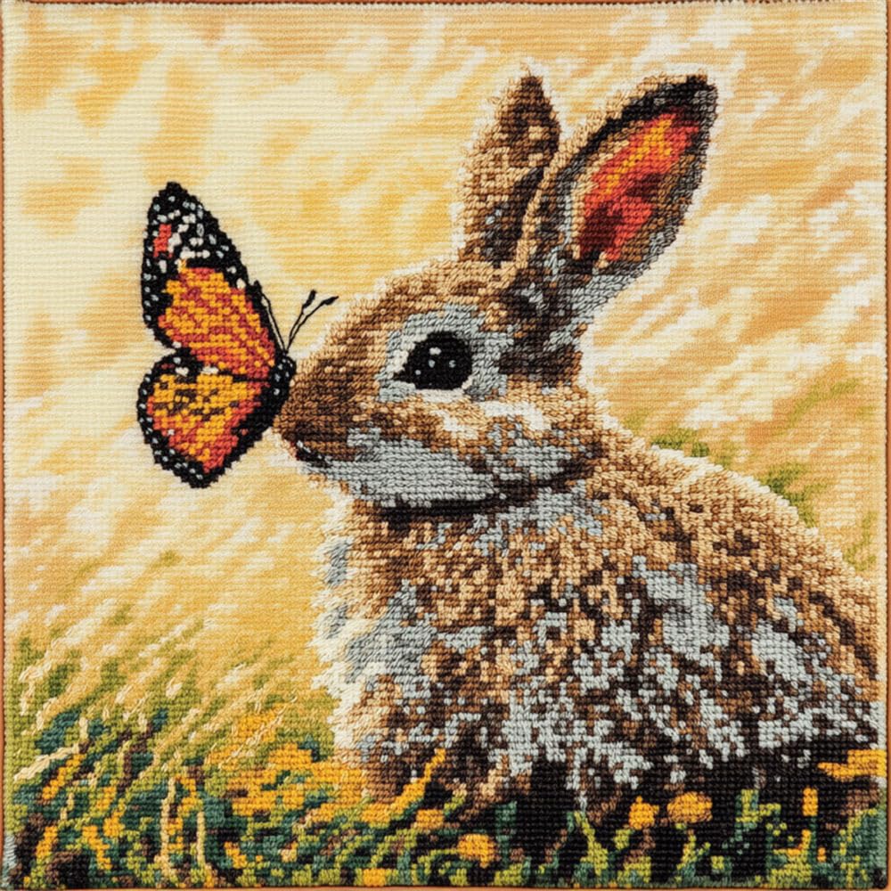 ORLUMY Cartoon Animals Latch Hook Kits Rabbit and Butterfly Latch Hook Kit Hanging Needlework Pillow Cover Latch Hook Carpet Kit 17X17 Inch