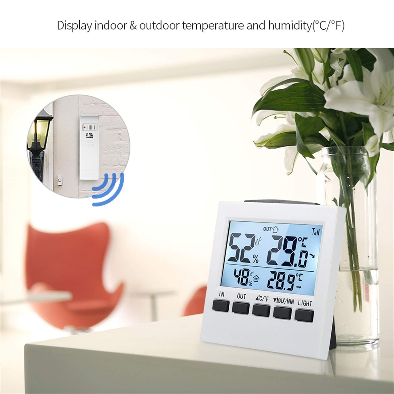 termometr z higrometrem LCD Cyfrowy Termometr Wireless Thermometr Indoor/Outdoor Termometr Higrometr Temperatura Miernik wilgotności MAX MIN Wyświetlacz Termometr do higrometru wewnętrznego(Orange)