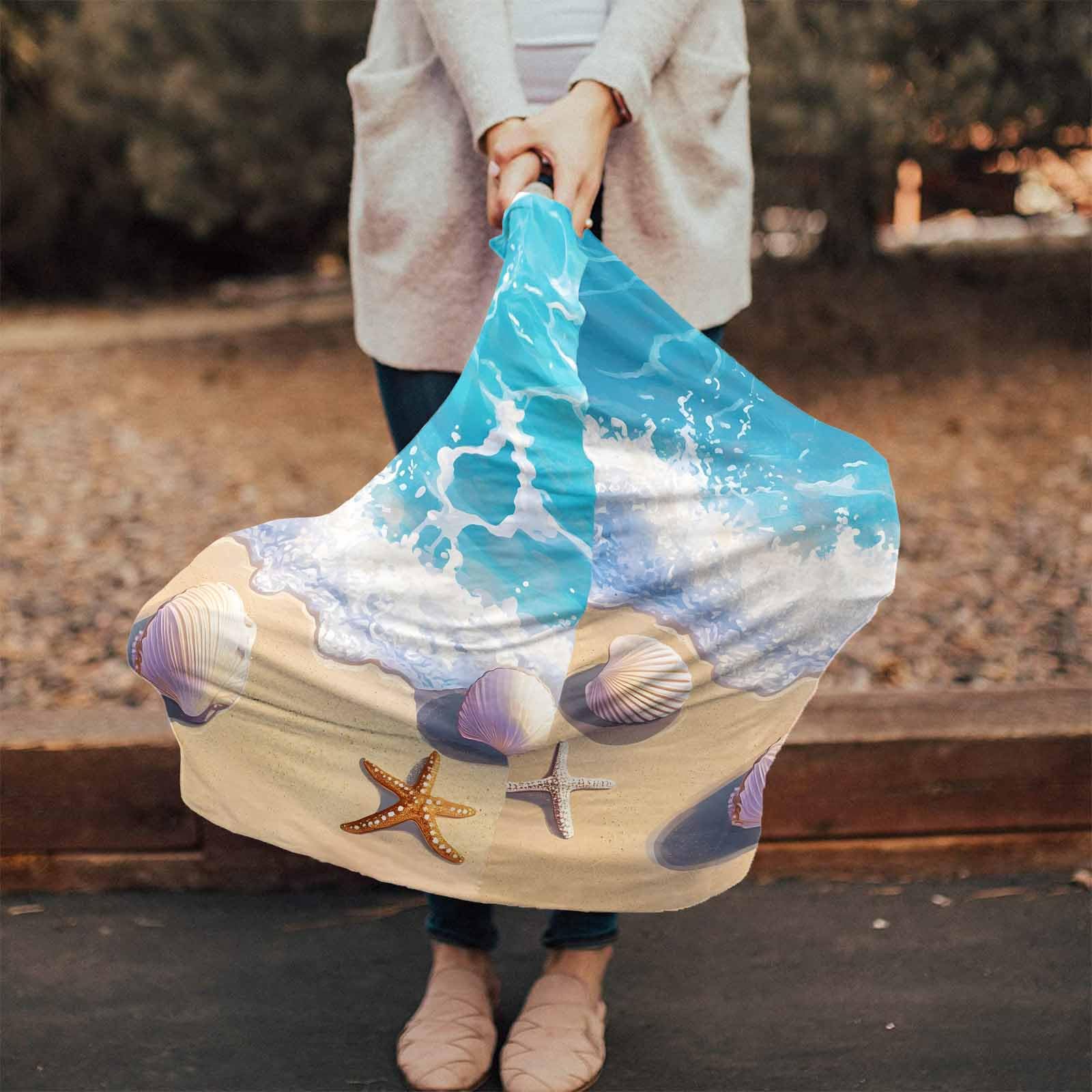 Coastal Shell Summer Ocean Nursing Cover for Breastfeeding Scarf, Blue Beige Beach Baby Car Covers Super Soft Multi Use for Canopy Shopping Cart Cover Blanket Stroller Cover