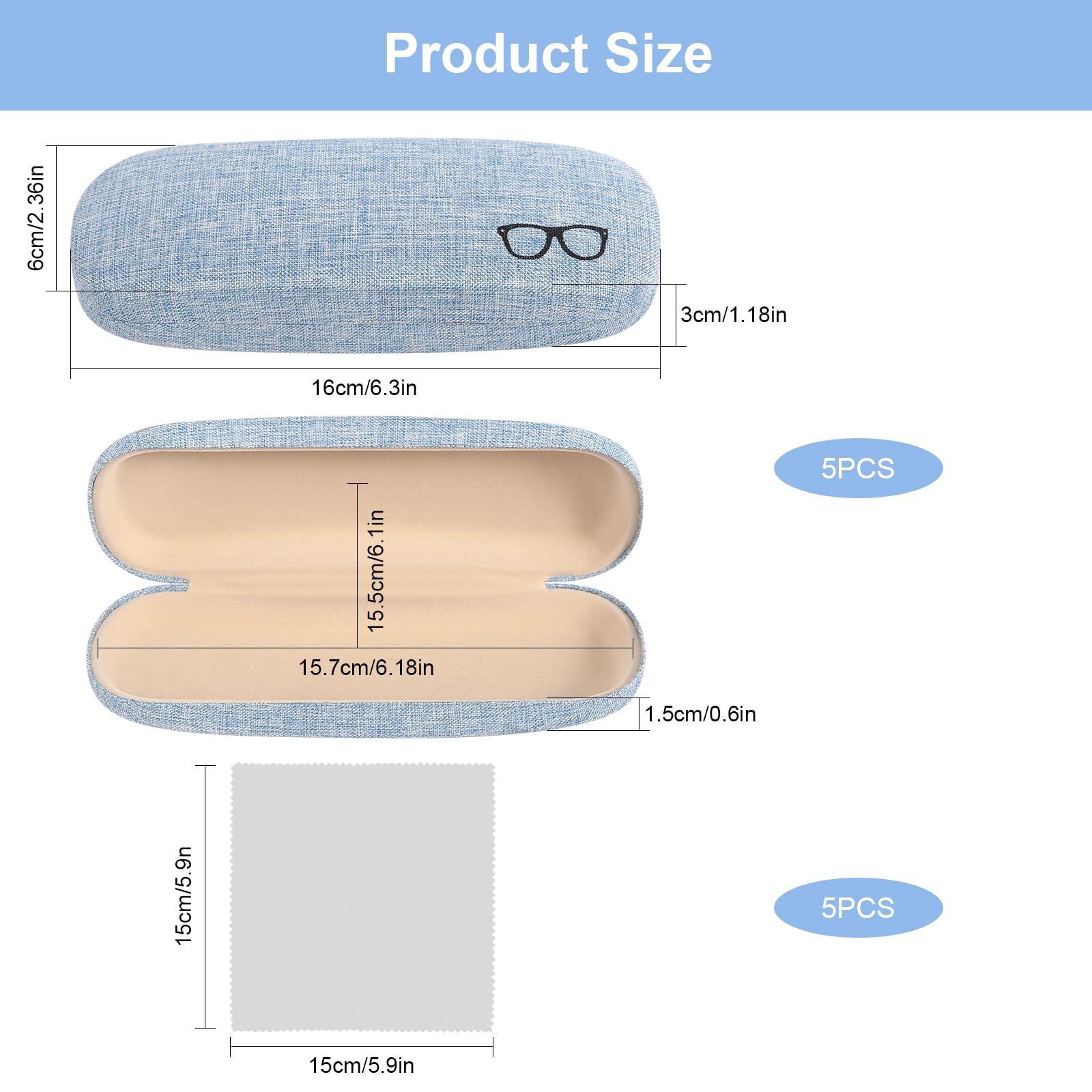 5 Stück Hardcase Brillenetui, Tragbare Brillenetui Leinen Brillenetui, Kratzfeste Brillenbox mit Brillenputztuch für Sonnenbrille Lesebrille Sportbrille (5 Farben)