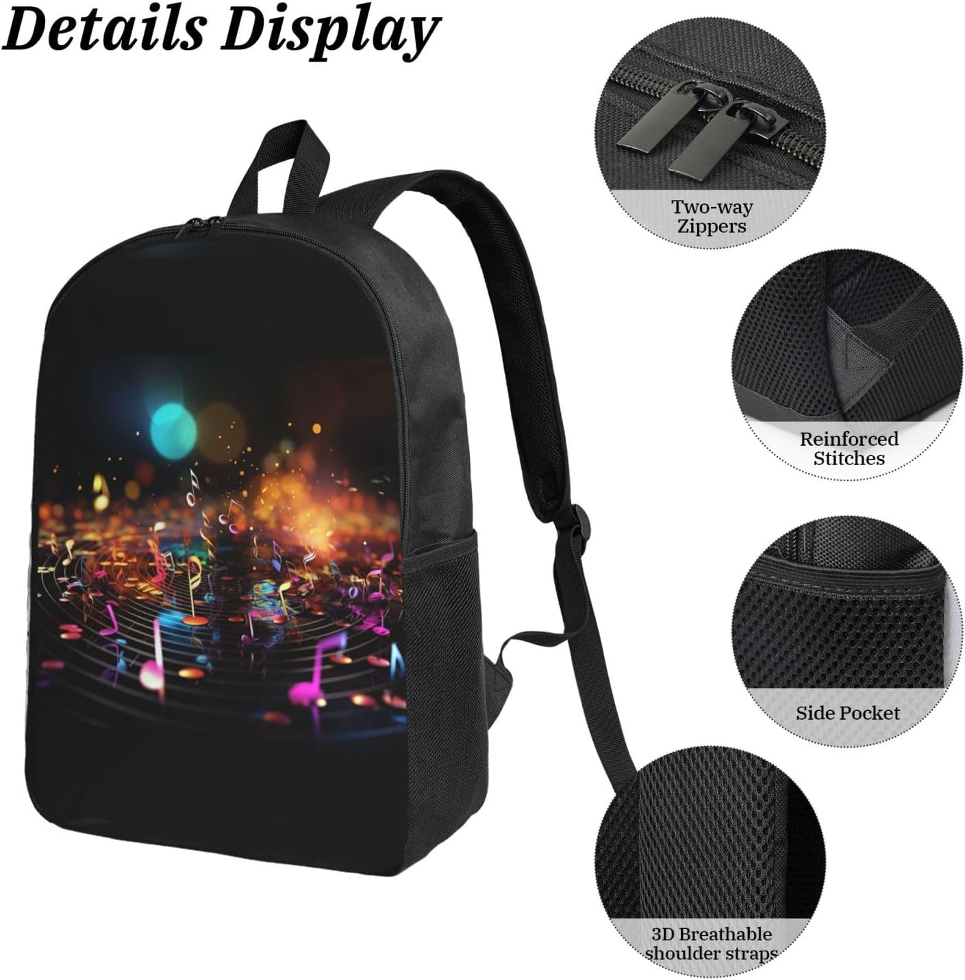 Colorful Music Notes Backpack Set 3 PCS - 17 Inch Laptop Backpack with Lunch Bag, Waterproof Daypack Insulated Lunch Box Large Capacity Coin Pouch Personalized Gift image 5