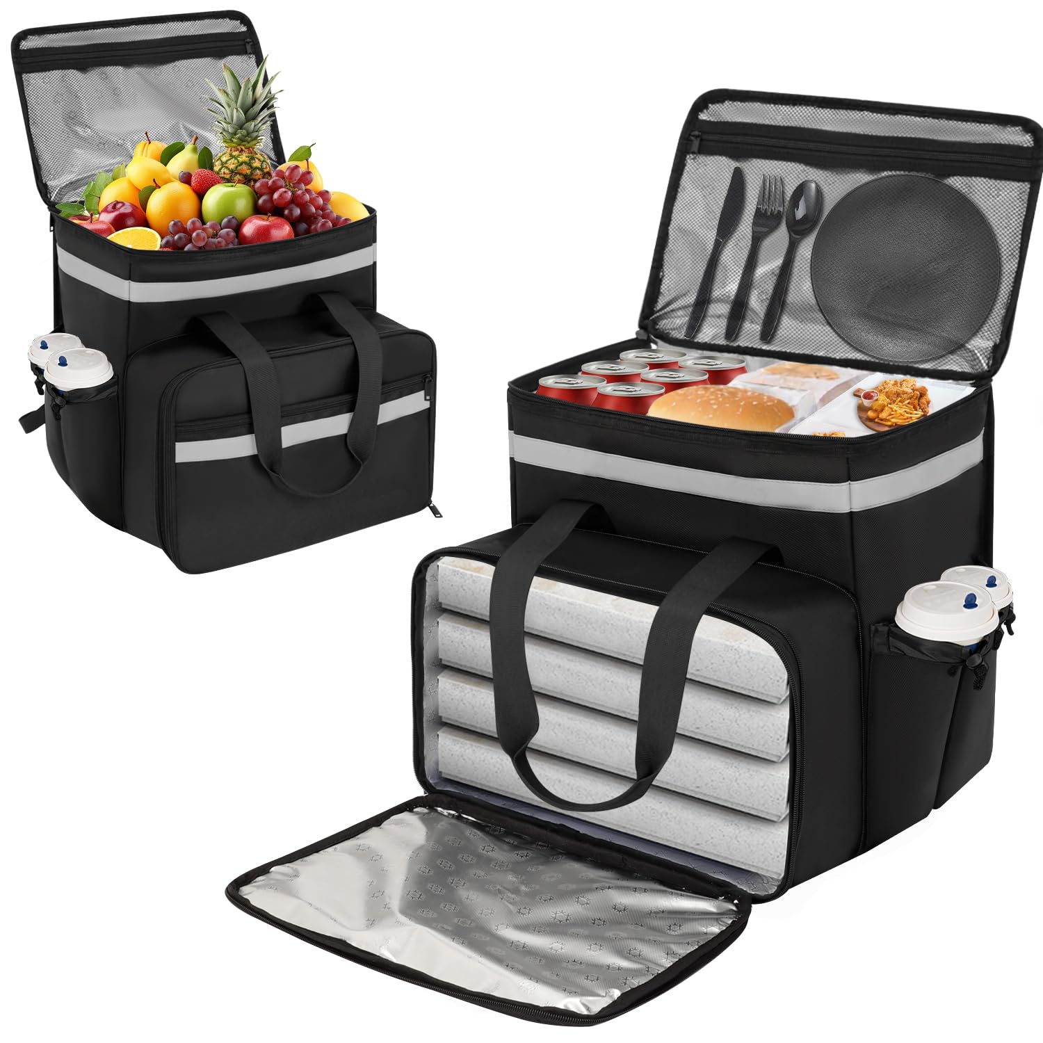 Borsa per la consegna del cibo, zaino espandibile con 4 portabevande, grande borsa termica per pizza e cibi caldi/freddi, zaino riflettente per Uber Eats, DoorDash, Grubhub, nero