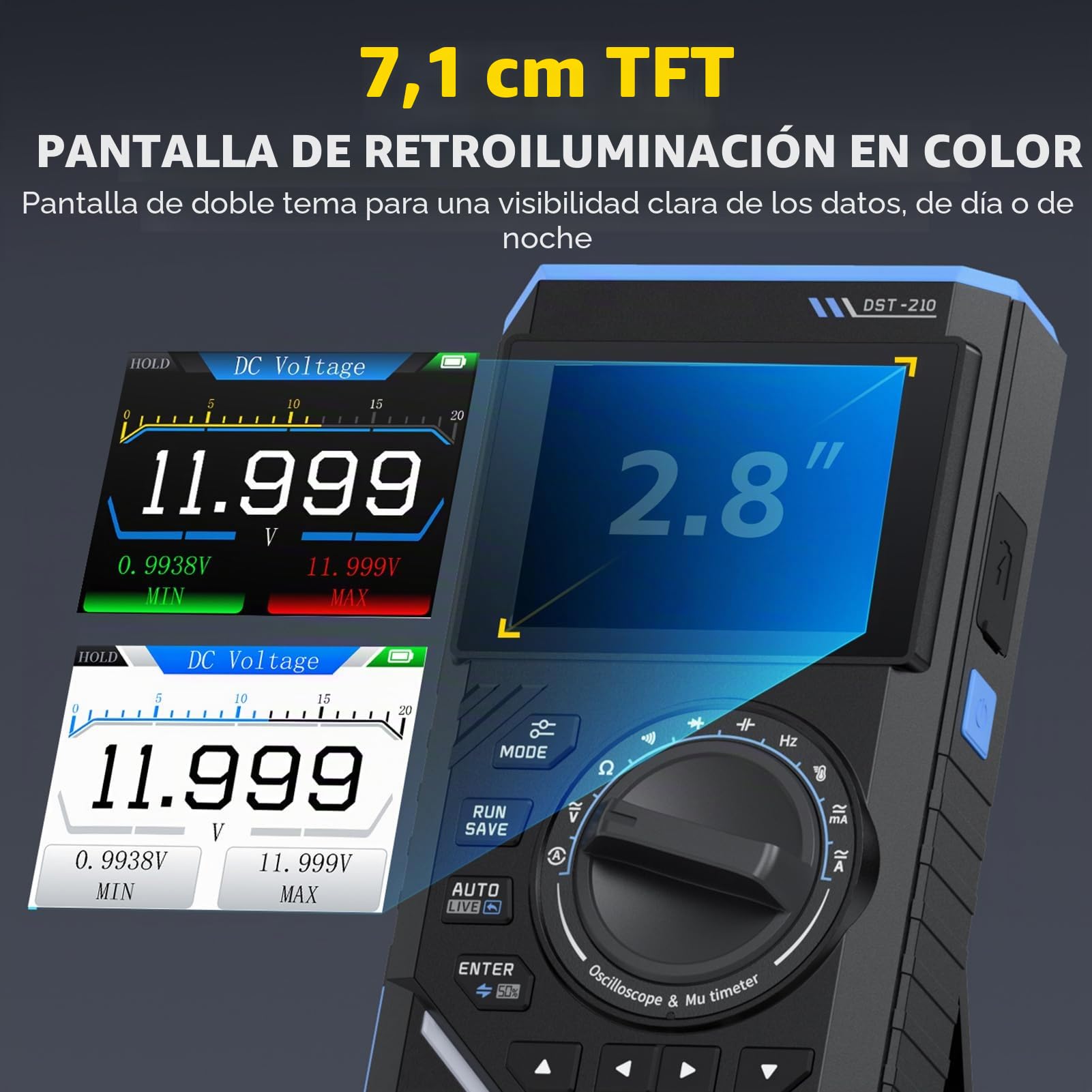 DEWIN Osciloscopio portátil DST-210, 3 en 1 osciloscopio digital multímetro generador de señales ancho de banda de 10 MHz 19999 cuentas 48 ​​MSa/s