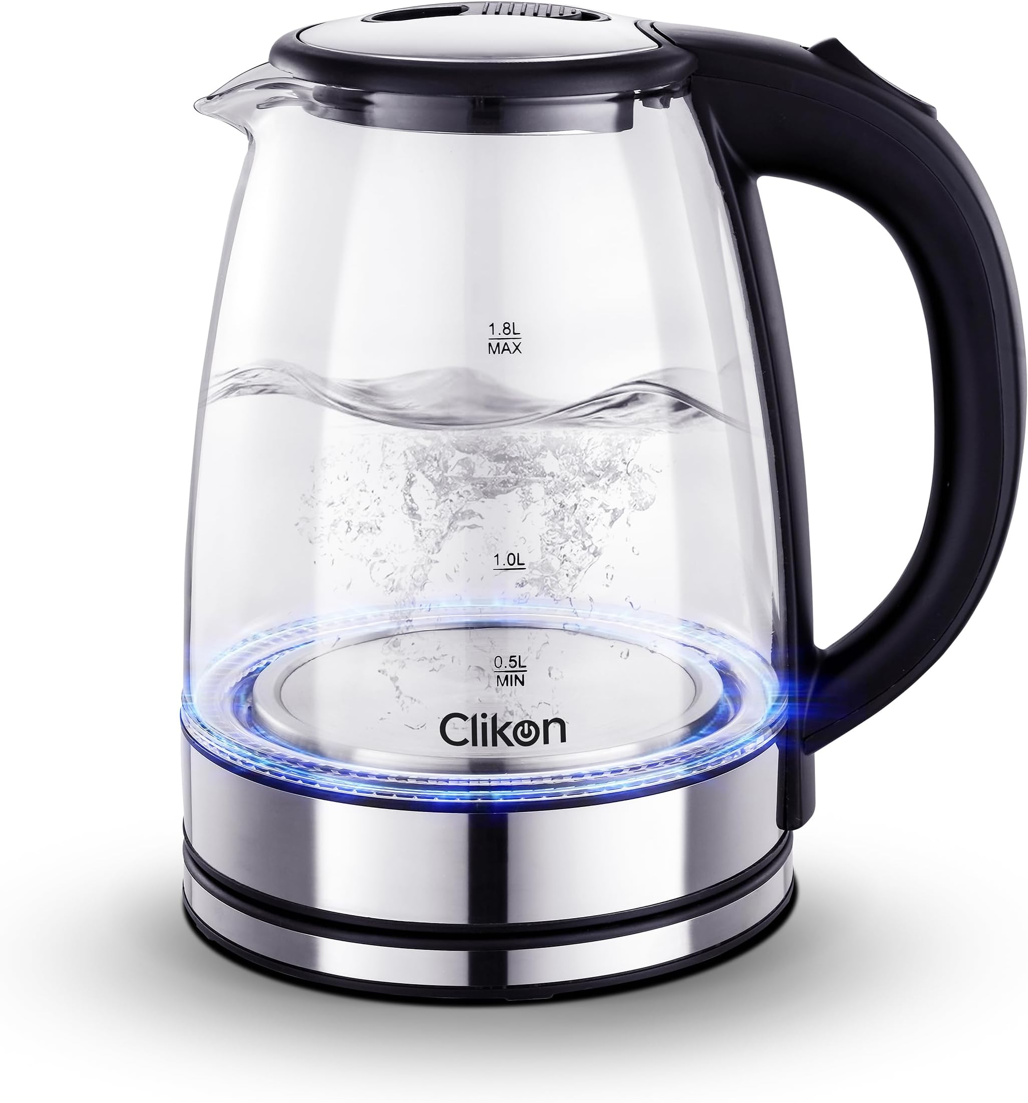 Clikon – 1.8 Liter Glass Body Electric Cordless Kettle with 360° Swivel Base, Power Cord Storage, Auto Cut-off Function, LED Indicator, 1500 Watts, 2 Years Warranty, Clear - CK5138
