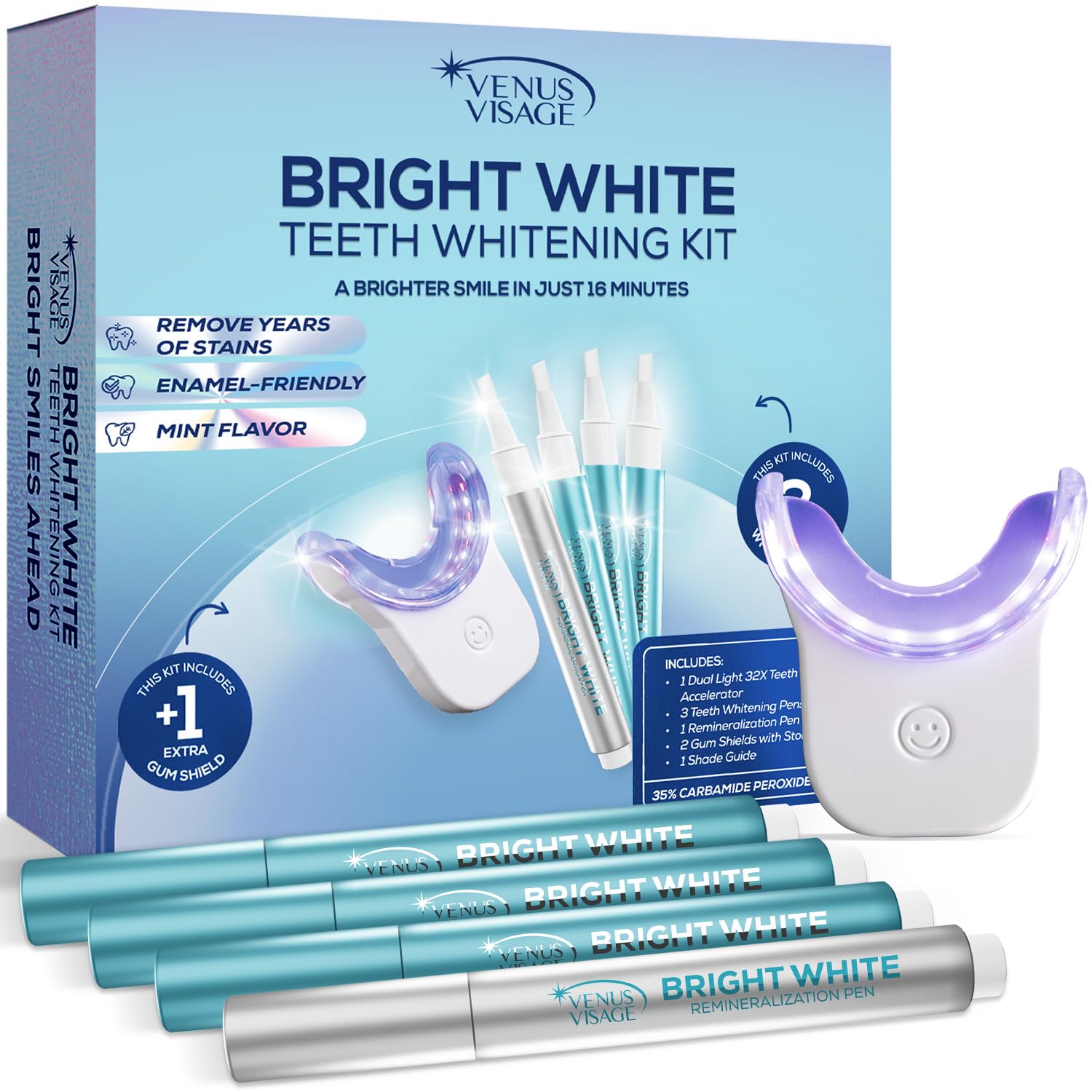 Venus Visage Teeth Whitening Kit with LED Light Device - Includes 3 Carbamide Peroxide Gel Pens, Teeth Whitening Trays &amp; Remineralization Pens - 16 Min Non Sensitive