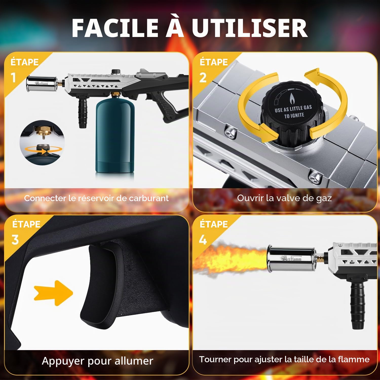 ARTFLAMM Chalumeau puissant pour gril | Chalumeau au propane, lance-flammes réglable | Chalumeau pour barbecue, camping, allume-charbon et démarreur de feu