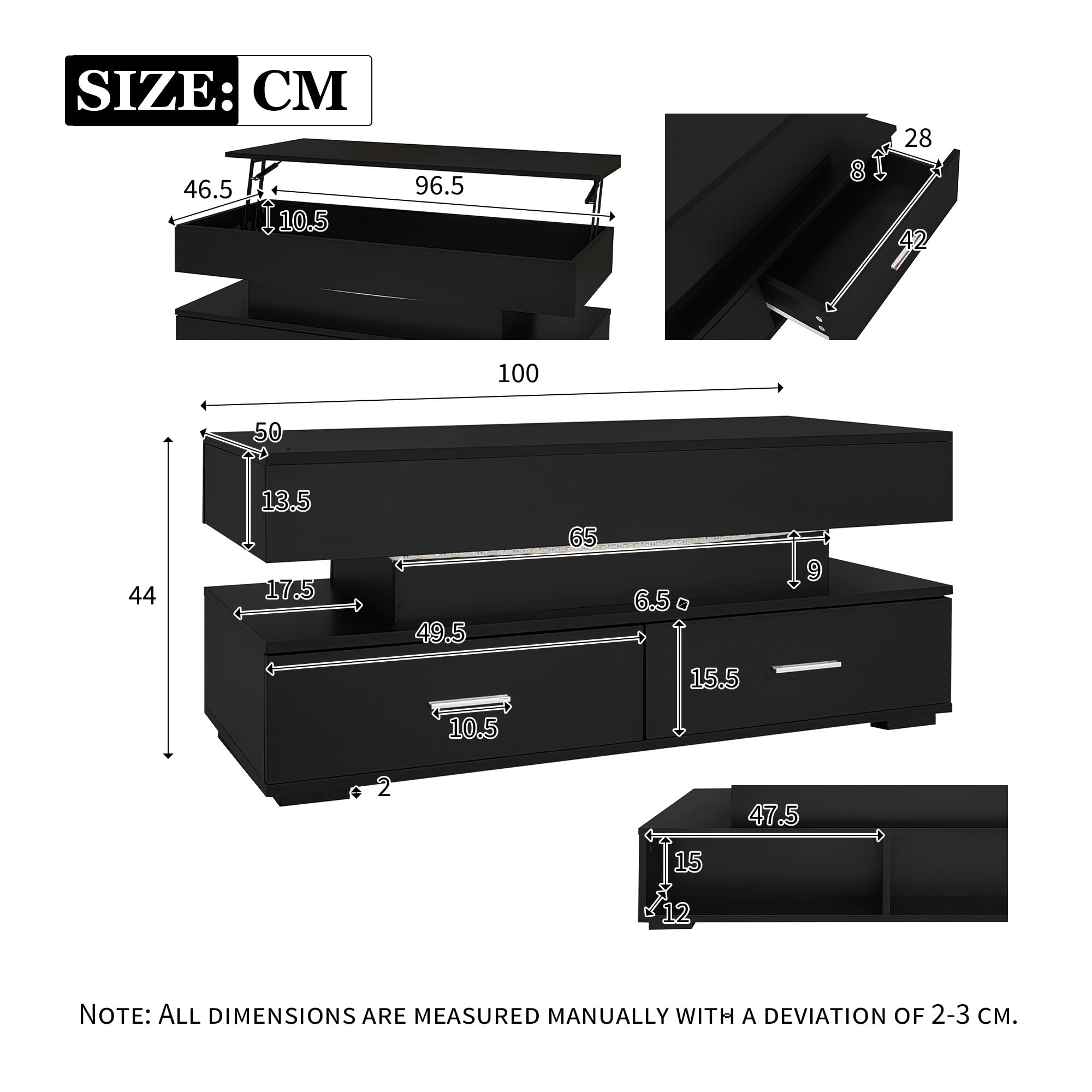 SUKY Mesa de Centro hidráulica Regulable en Altura 100 x 50 x 44 cm, 2 cajones y Espacio de Almacenamiento Abierto, Mesa de Centro elevable