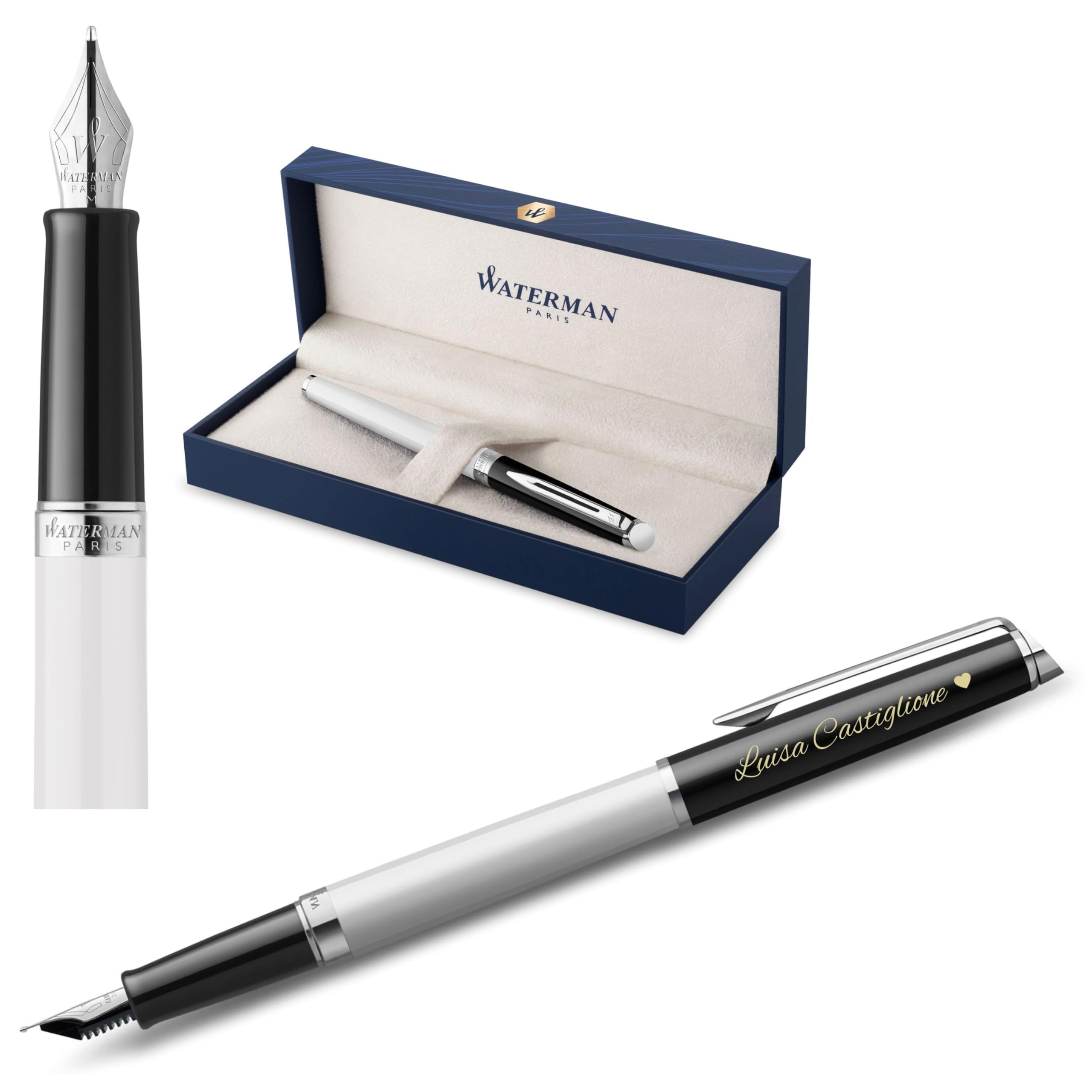 Waterman Hémisphère - Penna stilografica con incisione personalizzata, elegante penna regalo per uomo e donna, inchiostro blu (BLOCK BLACK&WHITE)