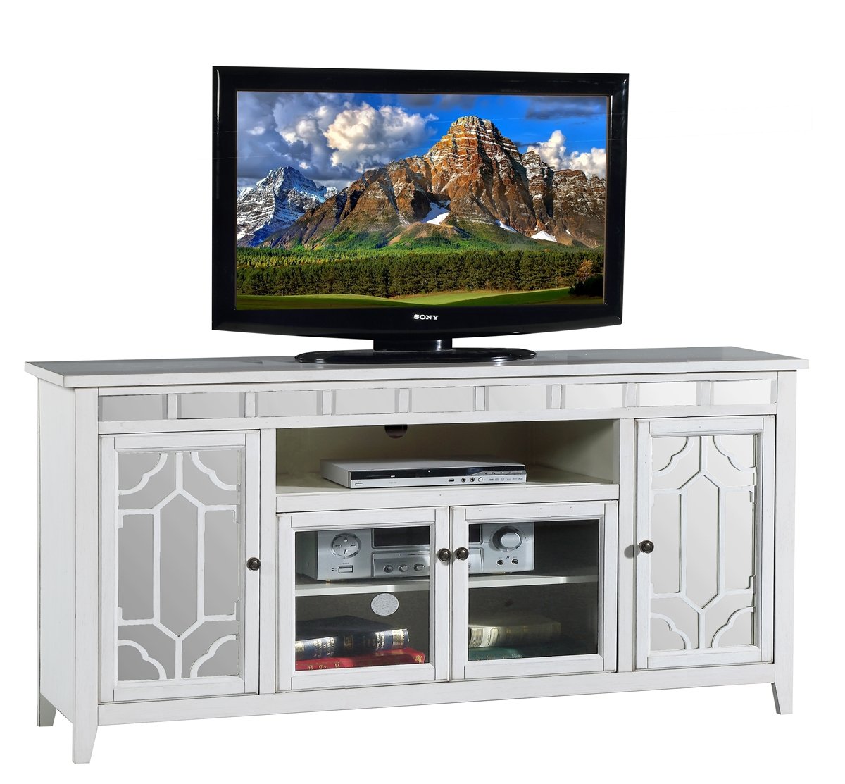 NCF Furniture Galena Art Deco 72" Mirrored TV Console in Weathered Cream