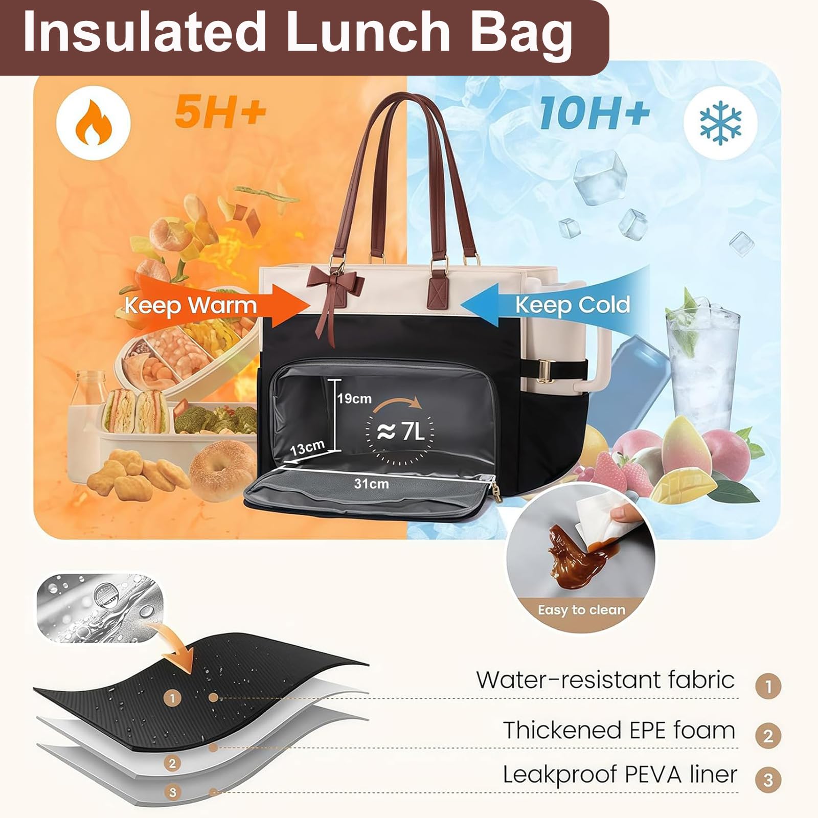 Sac Ordinateur Portable Femme avec Boîte à Déjeuner, Grand Sacs a Main Bandoulière de Courses et Cabas, Tote Bag pour Les Cours Lycee, Pour Travail étudiant Université Voyages
