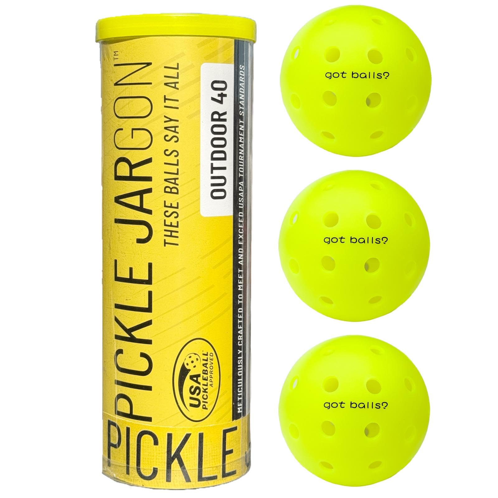 Pickle Jargon Pickleball Balls - USAPA-Approved Outdoor Balls with Witty Text, Perfect Pickleball Gift, Tournament-Grade Bounce, Wind-Resistant (26g Each)