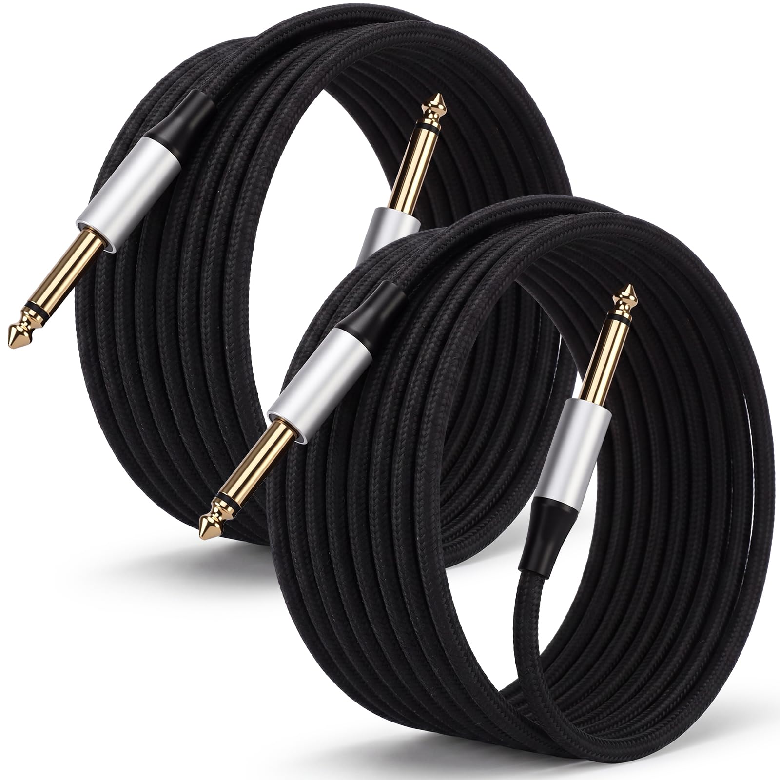 Tellegloww 2 cavi per chitarra da 1,5 m, 6,35 mm, colore argento, jack mono da 6,35 mm, cavo sbilanciato per chitarra/strumenti, cavo TS maschio a maschio, in lega di alluminio e nylon intrecciato