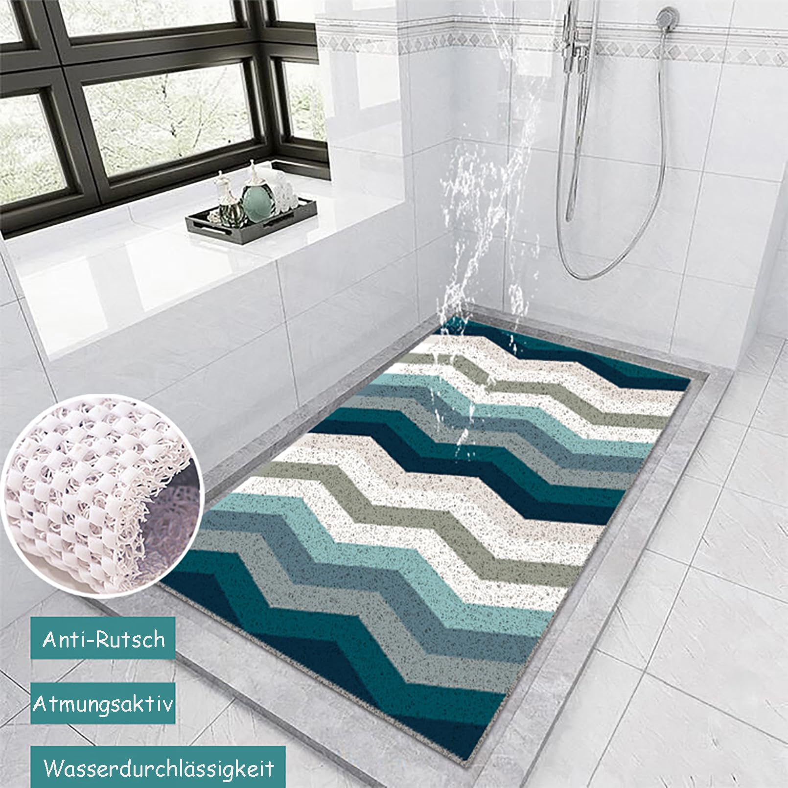 Tappetino da doccia antiscivolo, 40 x 60 cm, morbido e confortevole, in PVC alla moda, con ganci, alta permeabilità all'acqua