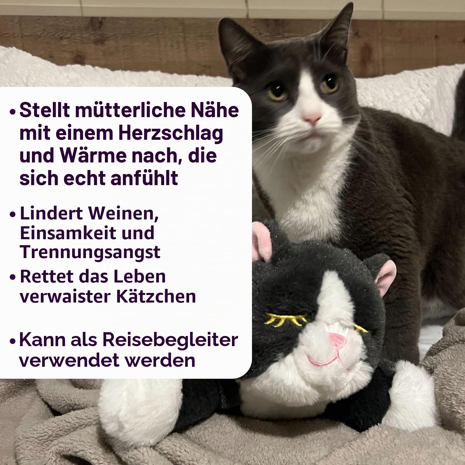 Snuggle Kitty Heartbeat Katzenspielzeug für Kätzchen und Katzen, mit echtem Puls und Wärmekissen, beruhigende Schlafhilfe bei Katzenangst, New Kitten Essentials – Grau und Weiß