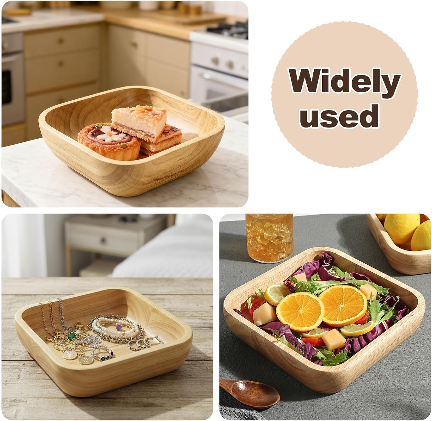 Wood Fruit Bowl, 8.3“ Hand-Finished Square Decorative Fruits Salad Snacks Desserts Bread Serving Bowl, Table Centrepiece Decoration for Home Kitchen (8.3 inch)