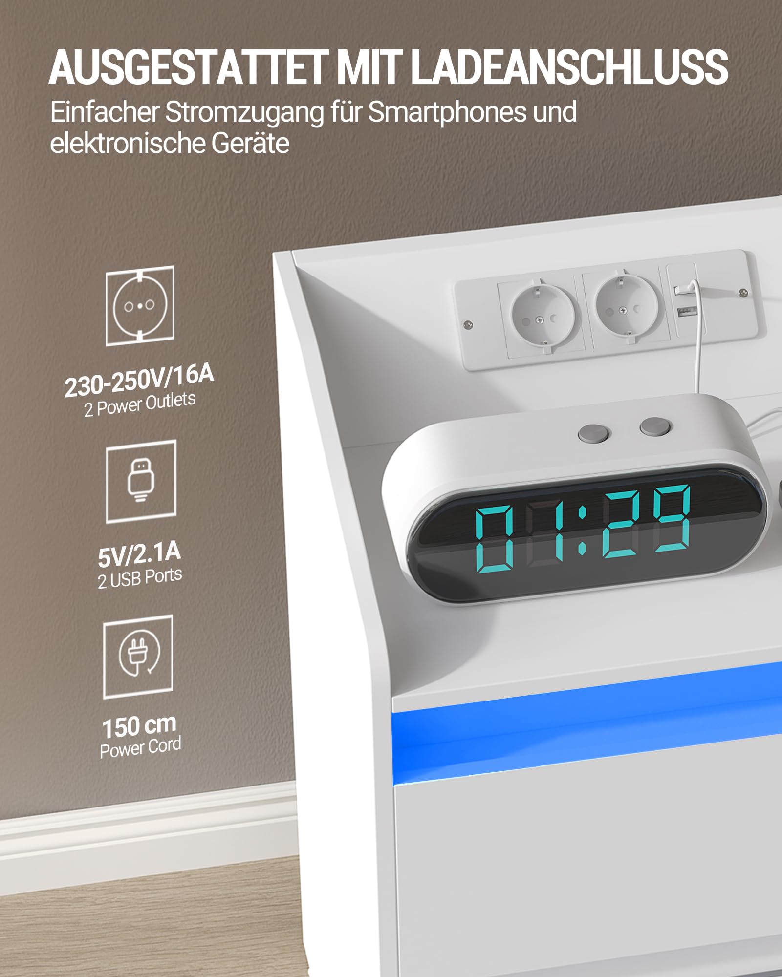 Hzuaneri Nachttische 2er Set mit LED-Lichtern, Ladestation und 2 Schubladen