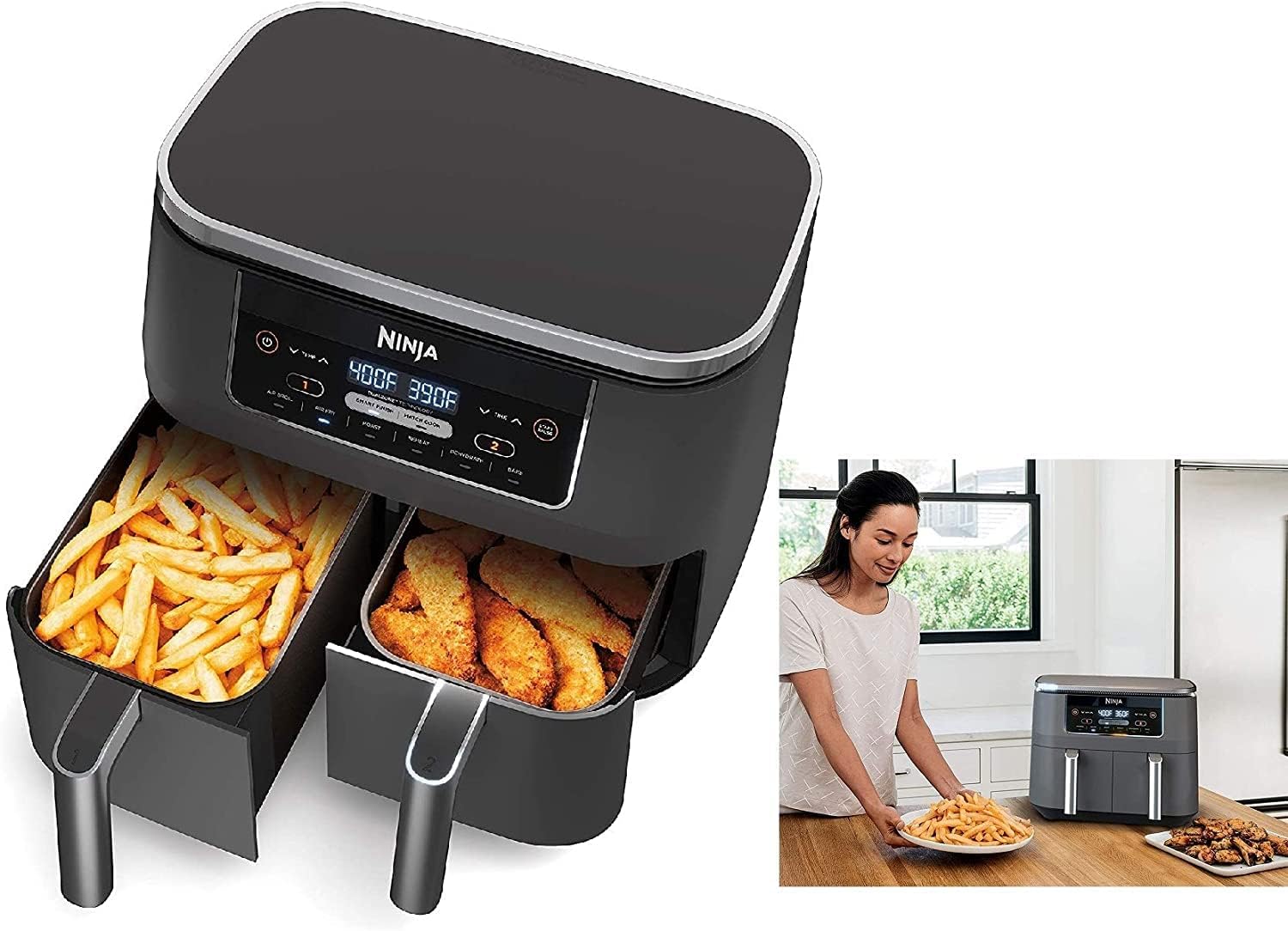 Ninja DZ100 Foodi 4-in-1, 8-qt., 2-Basket Air Fryer with DualZone Technology (Renewed), DZ100 8-qt BLACK Ninja DZ100 Foodi 4-in-1, 8-qt., 2-Basket Air Fryer with DualZone Technology (Renewed), DZ100 8-qt BLACK