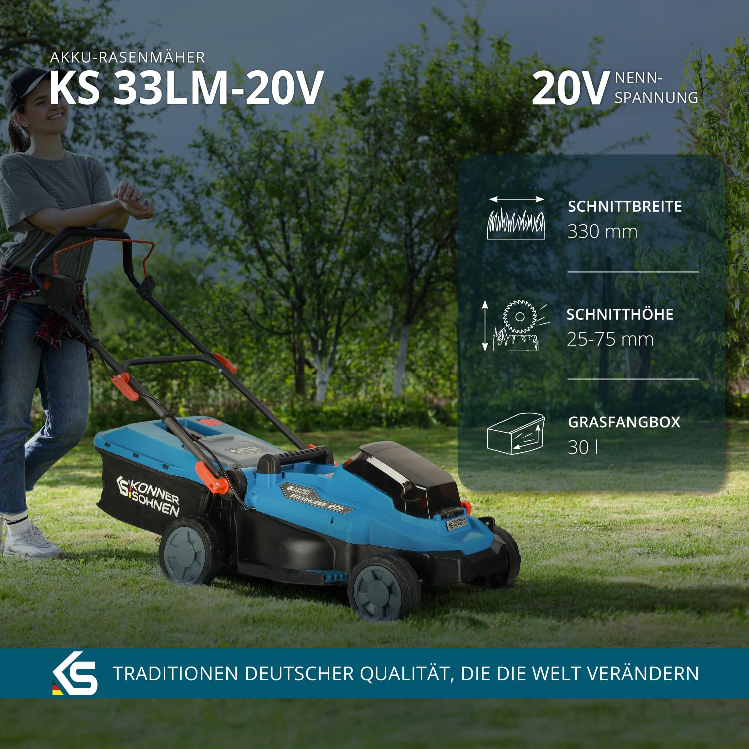 K&S Könner&Söhnen Zestaw do urządzeń ogrodowych zasilanych akumulatorem, do pielęgnacji trawnika, KS 33LM-BCT20V-SET 20 V i kosiarka (5 pozycji) do pielęgnacji trawnika, ładowarka + akumulator 4 Ah