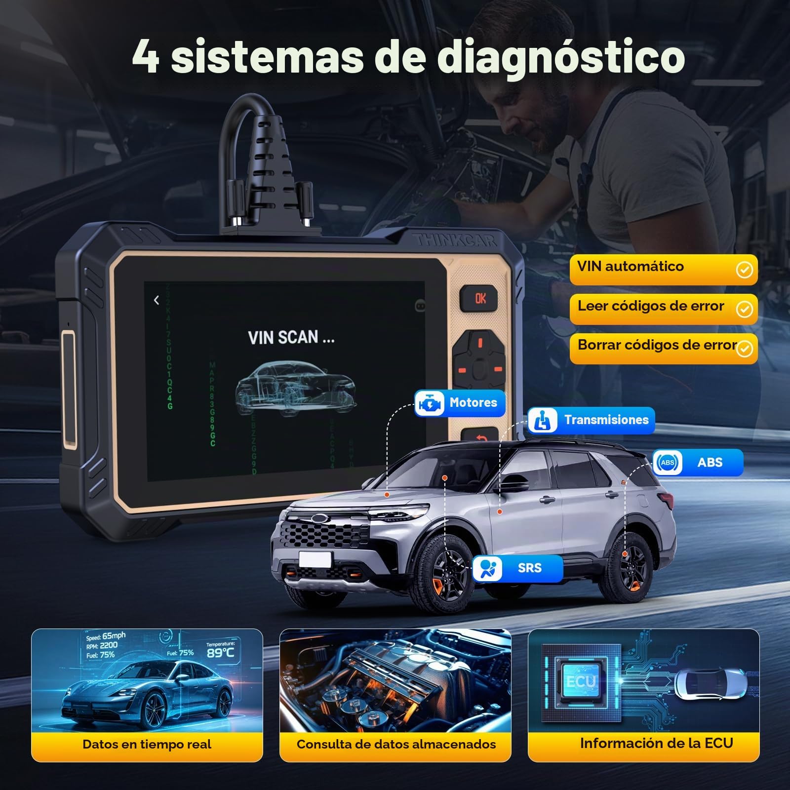 THINKCAR Scanner THINKSCAN 662 OBD2 - Herramienta de diagnóstico de escáner, Motor/ABS/SRS/transmisión, Herramienta de escaneo bidireccional, escáner para Coche con Prueba Activa, más de 12 reinicios