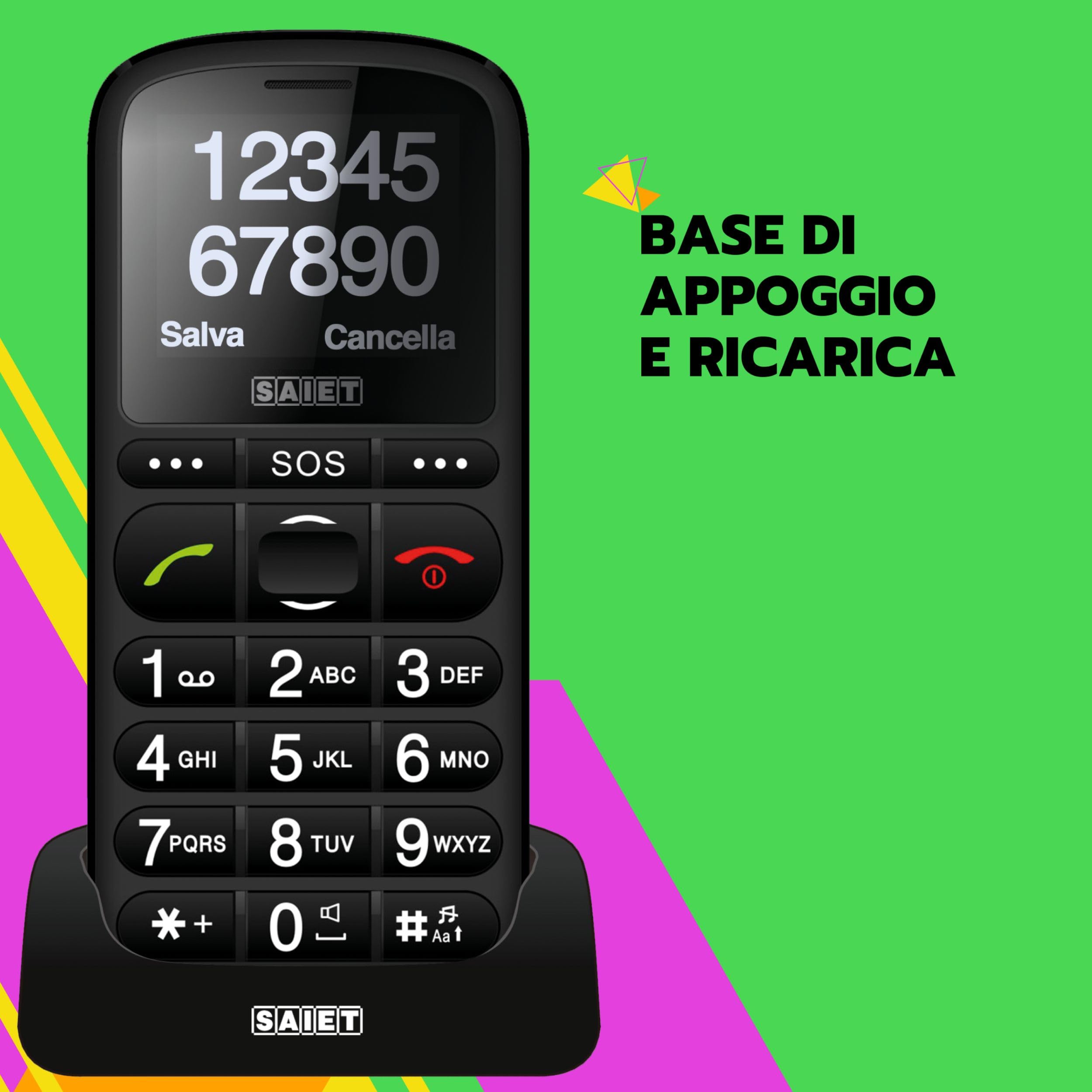 SAIET - Cellulare per Senior Facile da Usare PRONTO MAX - Telefono con Tasti Parlanti e Caratteri Grandi - Ideale per Anziani - Nero