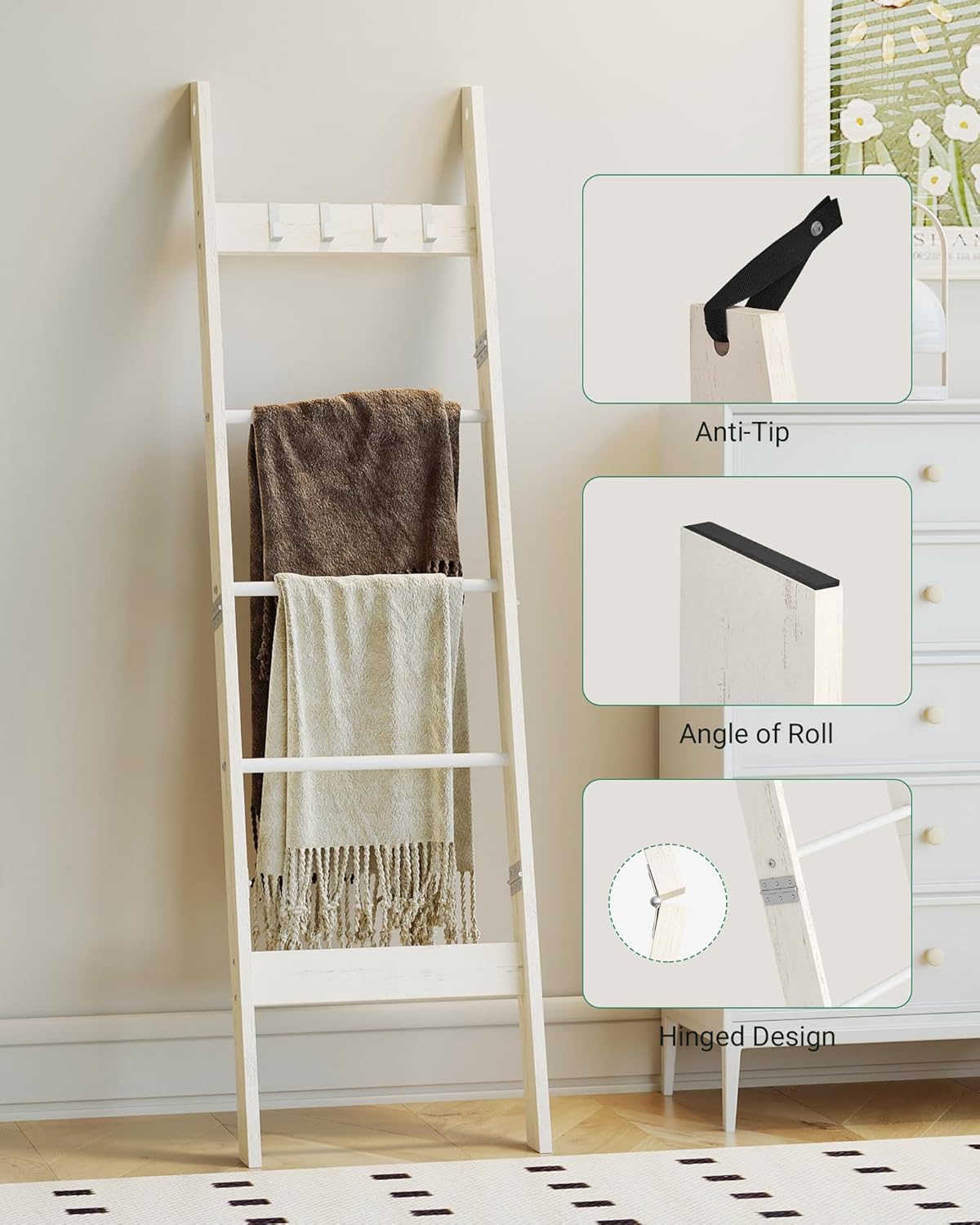 Blanket Ladder Shelf for Living Room, Decorative Quilt Rack with 4 Removable Hooks, 5-Tier Farmhouse Ladder Holder Organizer for Bedroom, Rustic White BR02114W