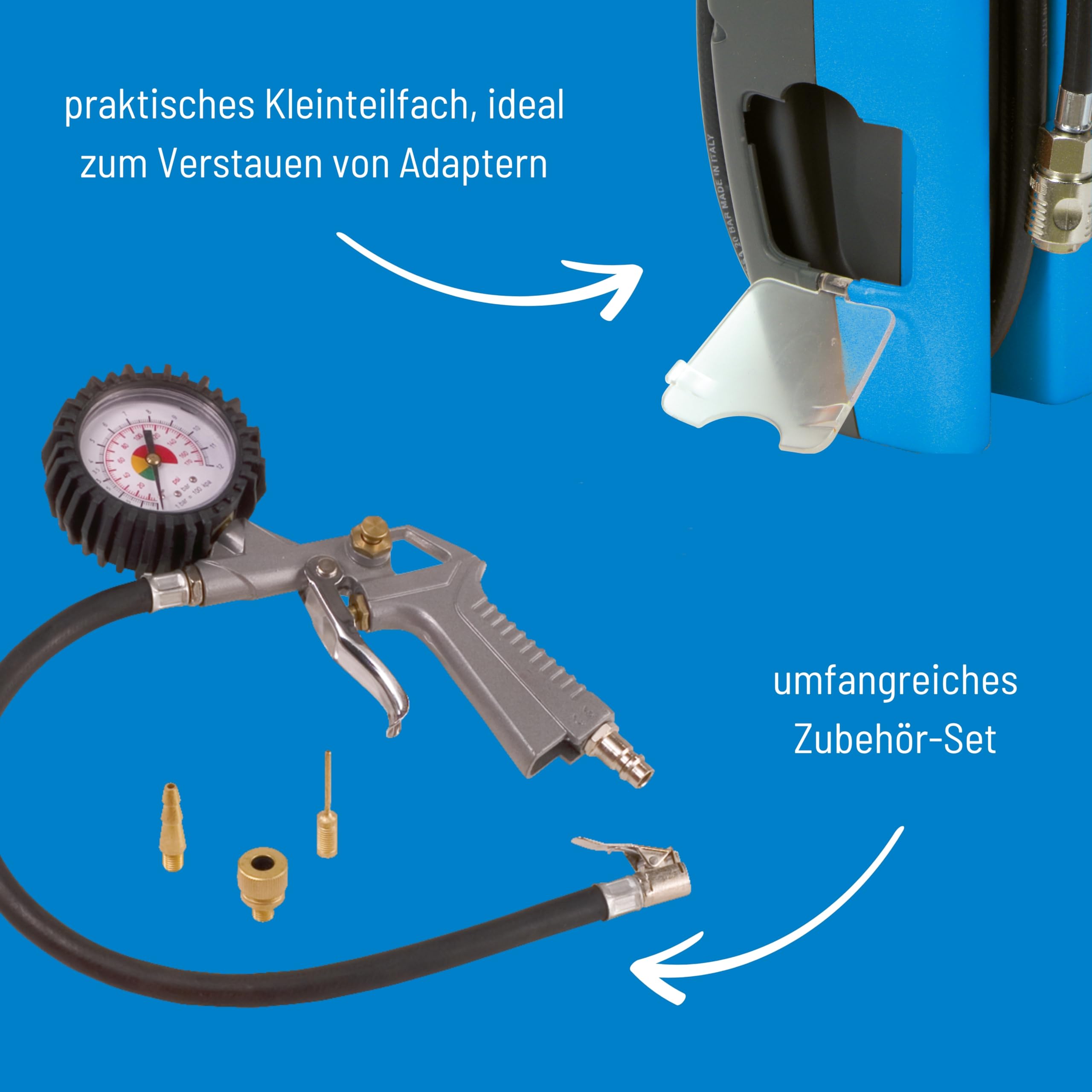 Güde Kompressor Airpower 180/08 (ölfrei & wartungsarm, Riemenantrieb, 8 bar, 1100 W, eff. Liefermenge 140 l/min, 2,5 m Druckluftschlauch mit Schnellkupplung, inkl. Zubehör)