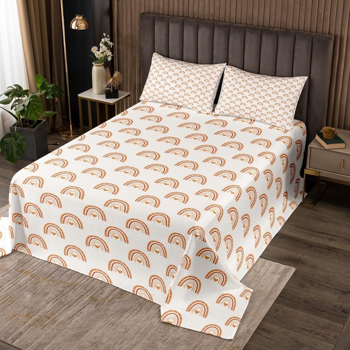 Retro Hippie Floral Bedspread Twin Size,Rainbow Daisy Leaves Bedding Set for Kids Girls Boys Teens Room Decor,Patchwork Striped Bohemian Comforter Set Pink Orange Deep Pocket Sheet,1 Pillowcase