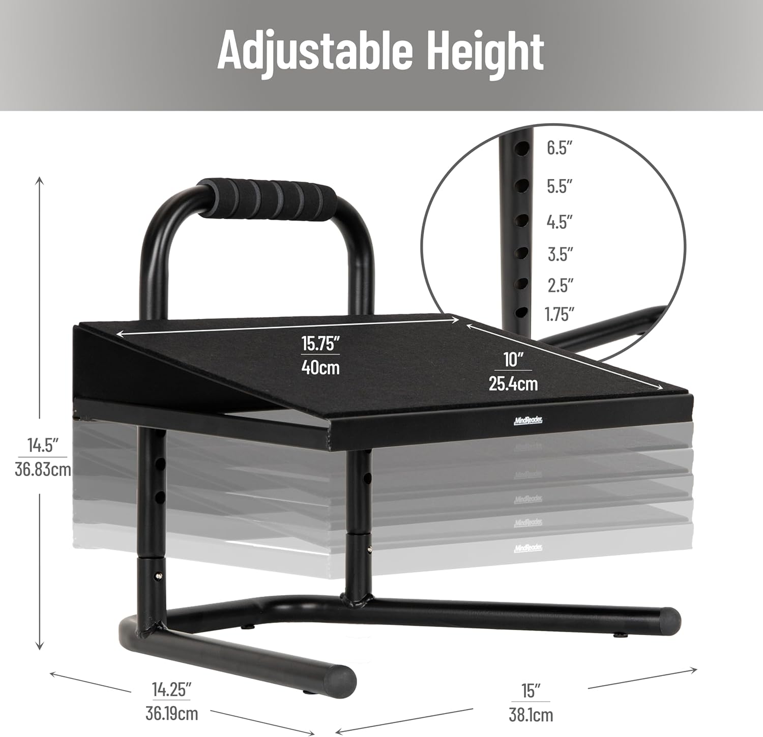 Mind Reader Foot Rest, Foot Stool, Under Desk at Work, Ergonomic, Adjustable, Office, Metal, 15"L x 14.25"W x 14.5"H, Black