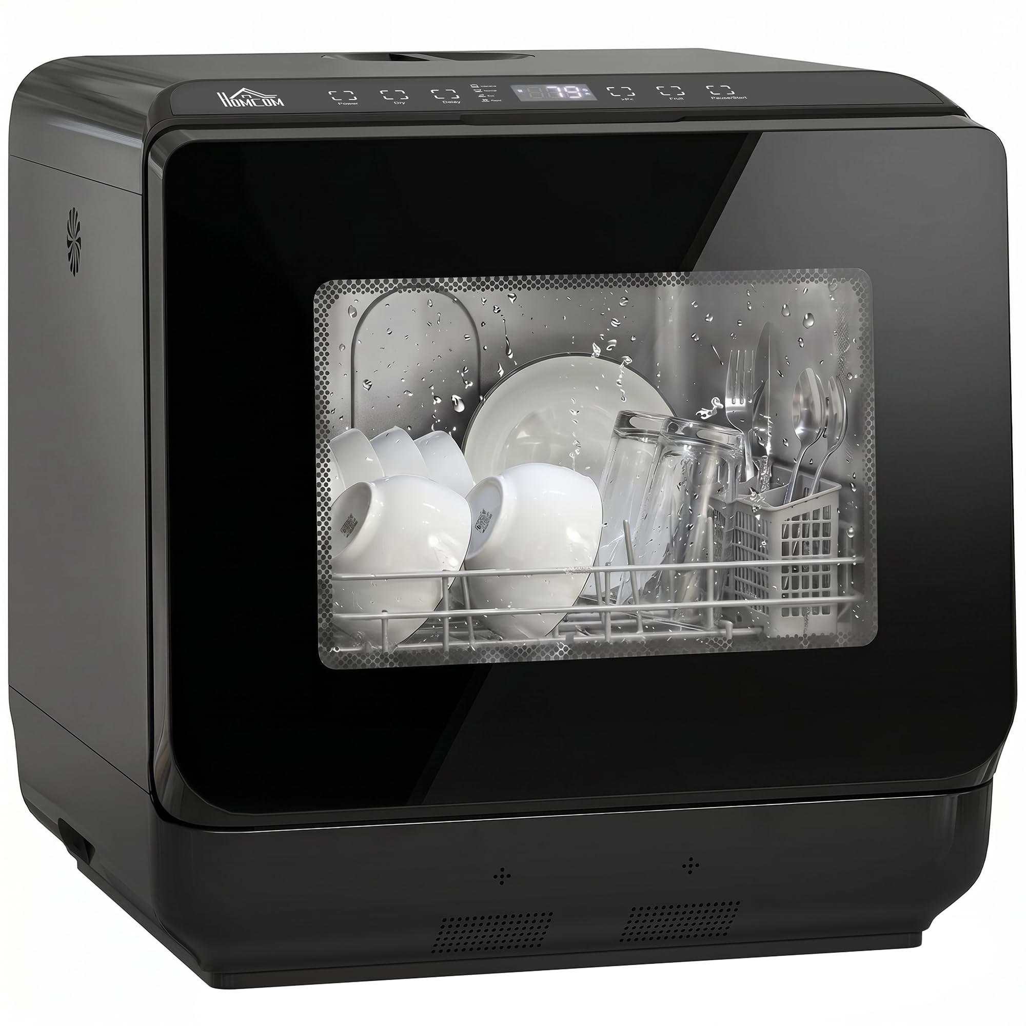 HOMCOM Mini Geschirrspüler Freistehend Tischgeschirrspüler mit 4 Maßgedecke 5 Programmen Trocken Funktion 6L Wassertank Touch Control LED Anzeige Spülmaschine mit/ohne Wasseranschluss für Camping