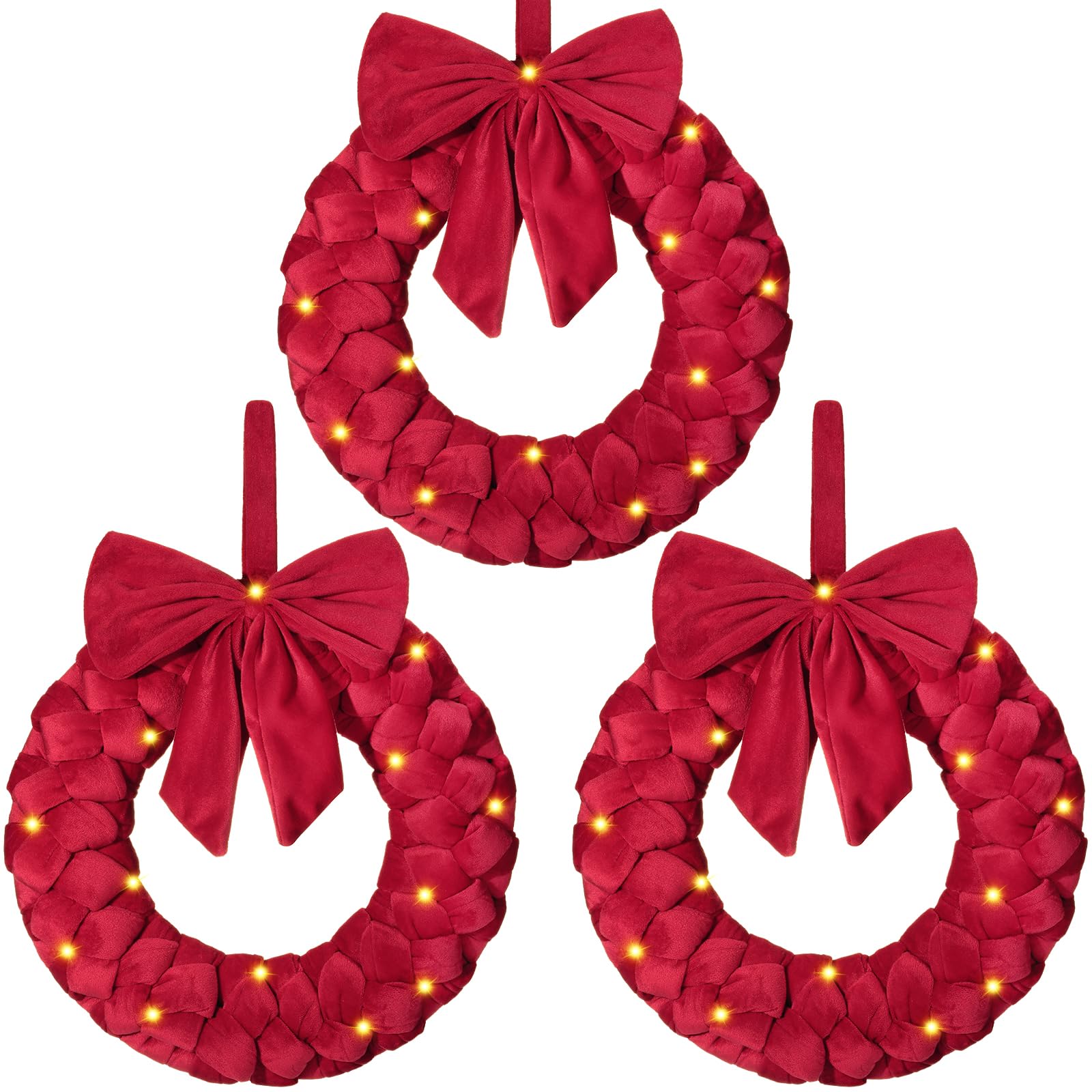 3PC Red Christmas Wreath with LED Light, 14 inch Christmas Velvet Wreath for Front Door, Xmas Wreath with Bow for Christmas Fireplace Window Wall Xmas Holiday Indoor Outdoor Decoration