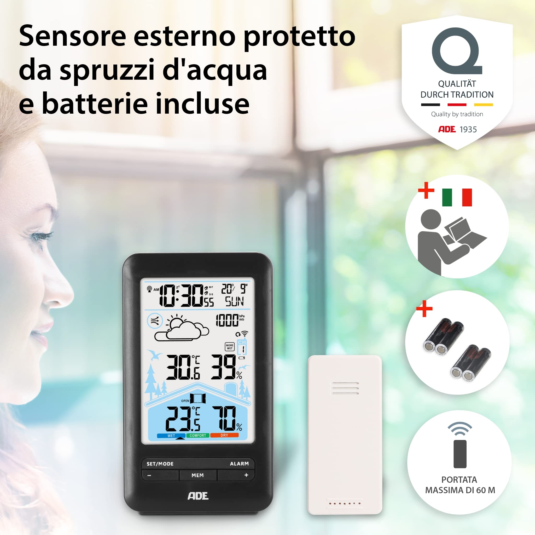 ADE Stazione meteo Digitale con Sensore Esterno Wireless | Qualita Aria Monitoraggio | Ventilazione Consigliata | Termometro | Igrometro | Sveglia con doppio allarme | nero