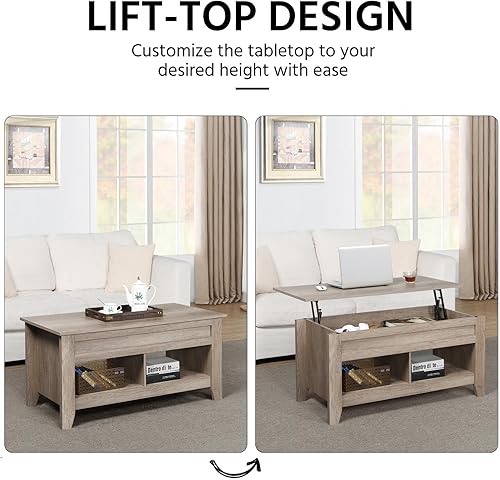 Miniatura 4 de Yaheetech Mesa auxiliar moderna con parte superior elevable con compartimento de almacenamiento oculto y 2 estantes abiertos, mesa de centro de