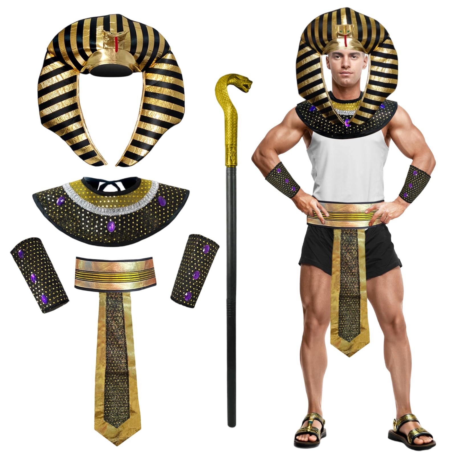PANMAY Men Egyptian Costume Pharaoh Fancy Dress Pharaoh's Hat Arm Necklace Scepter Belt Halloween Ancient Egypt King Outfit