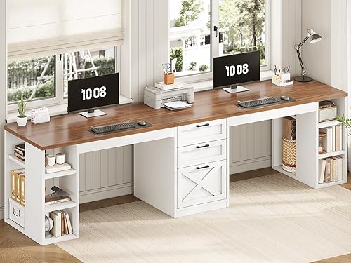 Miniatura 7 de SEDETA Farmhouse 96.5" Computer Desk with Drawers, 2 Person Home Office Desk, Gaming Double Desk with Storage Shelves, Long Two Person Writing Desk