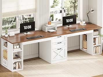 SEDETA Farmhouse 96.5 Computer Desk with Drawers, 2 Person Home Office Desk, Gaming Double Desk with Storage Shelves, Long Two Person Writing Desk (White and Brown)
