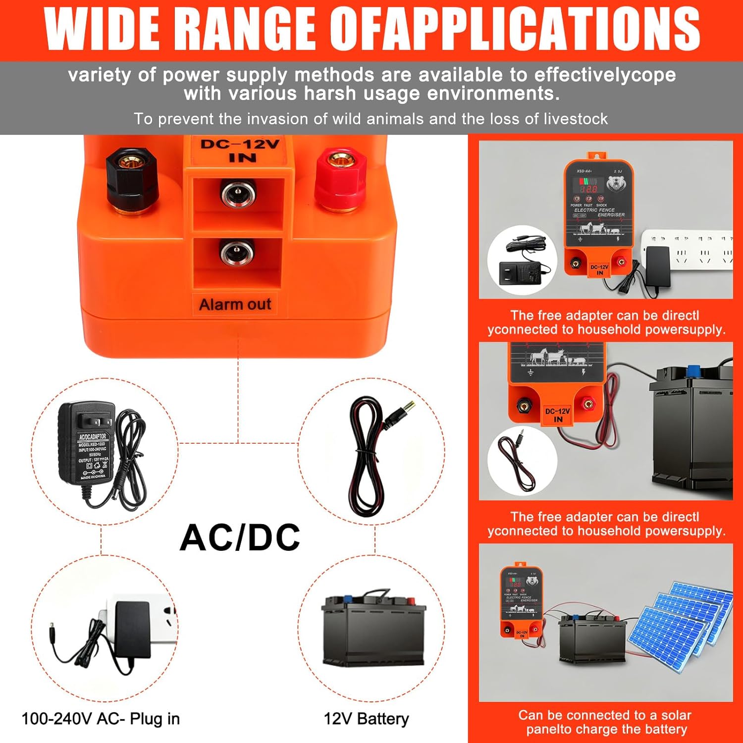 2.5j Electric Fence Charger with Digital Display & Alarm, Ac Dc 2 in 1 Power, 12v Input 8kv/12kv Output, 50 Black Electric Fence Insulator, 1 Socket Tool, 250ft Aluminum Wire Animal Control