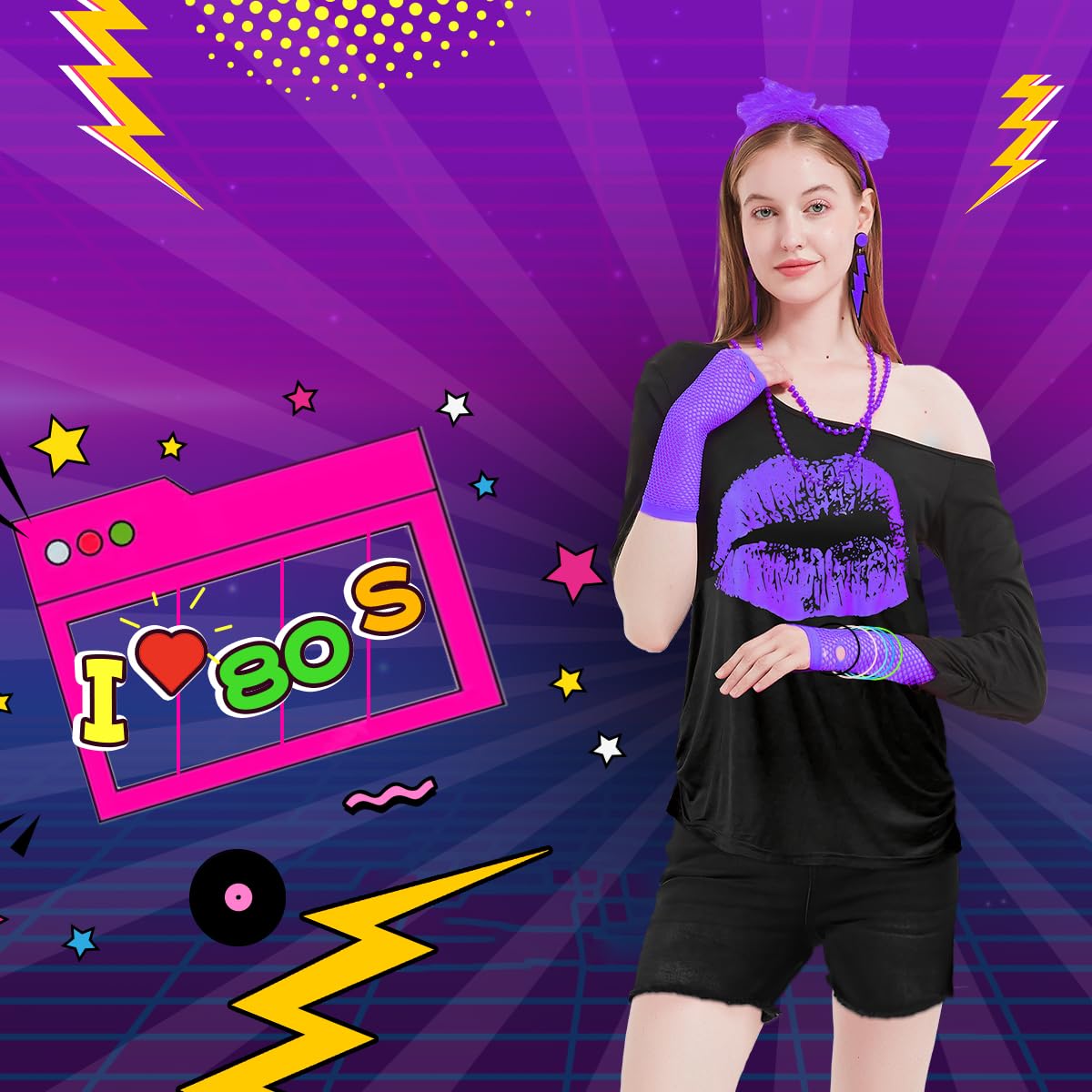 WILDPARTY 80er 90er Jahre Outfit Damen, T-Shirt, Beinwärmer, Stirnband, Ohrring, Halskette, Netzhandschuhe, 80er 90er Jahre Kostüm Mottoparty Accessoires Kleidung Neon Party Karneval JD