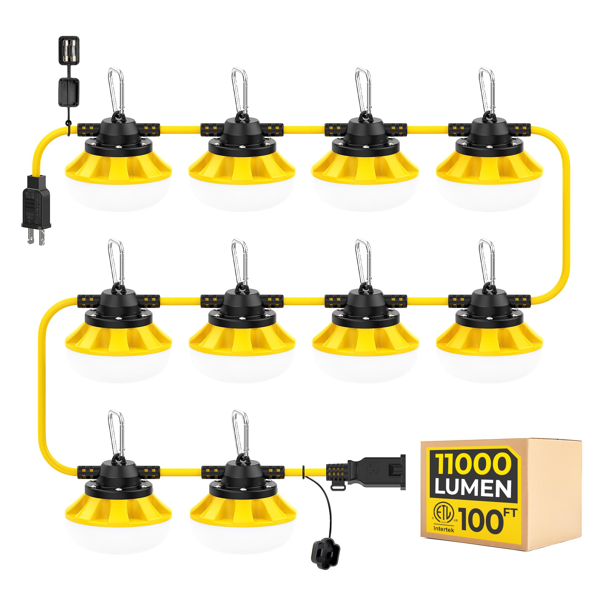 100ft Construction String Lights: 100w 11000lm ETL Certified Bright Industrial Outdoor Temporary Lighting Led Hanging IP65 Waterproof 18AWG Wire Work Light for Attic Jobsite Garage