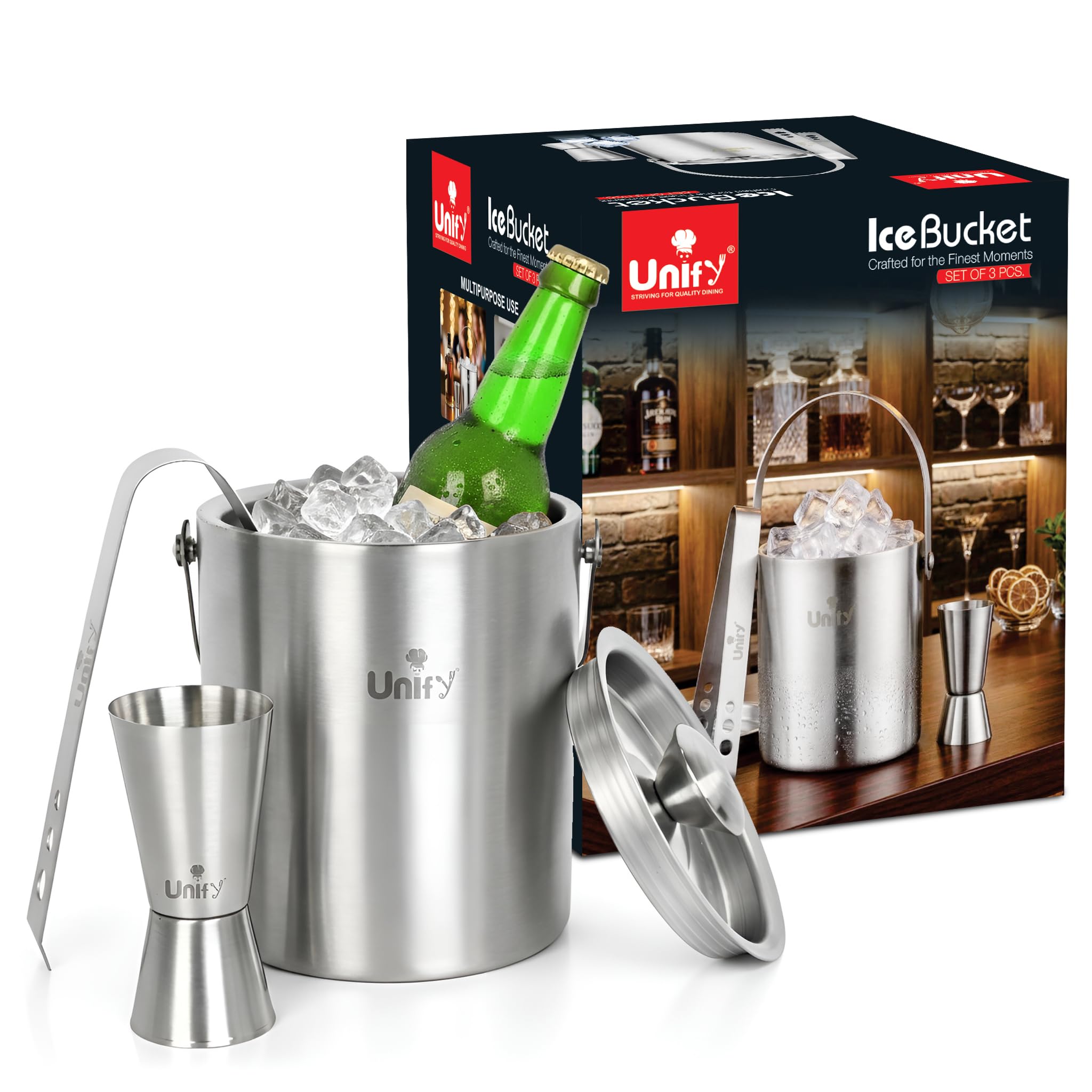 Unify 3 Pieces Stainless Steel Double Wall Ice Bucket Set (1 Litre) with Lid, Ice Tongs & 30/60 ml Peg Measurer | Insulated Ice Bucket for Home Bar, Parties & Cocktails, Bar Accessories — Amazon image 9