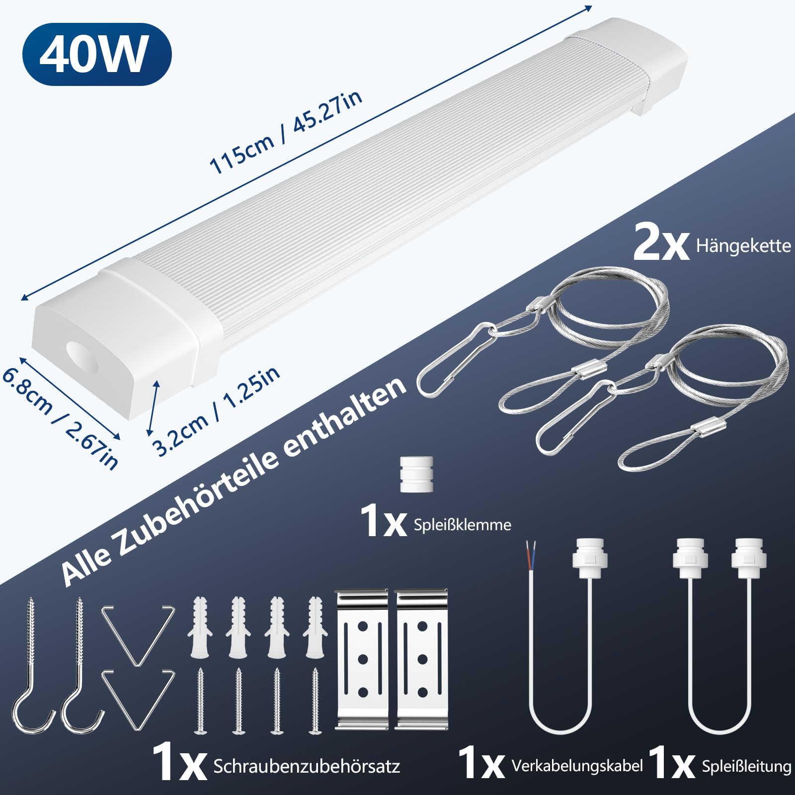Feuchtraumleuchte LED, 40W 4000LM LED Röhre 120CM Neutralweiß 4000K, IP66 Wasserfest Werkstattlampe LEDs Deckenleuchte für Garage Keller Werkstatt Feuchtraum Bad Büro Warenhaus Keller