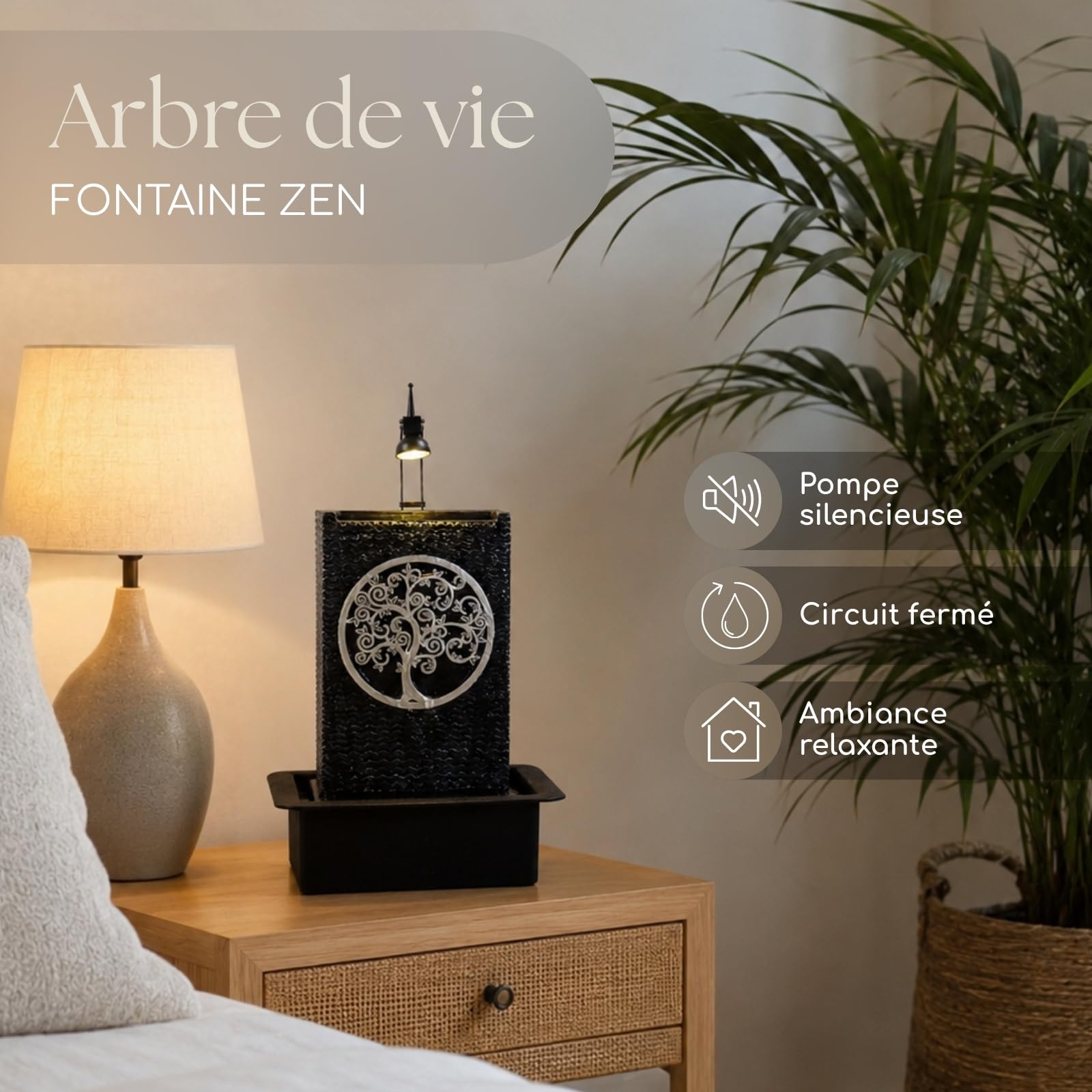Fontaine d’Intérieur Mur d’Eau Cascade Motif Arbre de Vie Lumière Spot Blanc, Grand Décoration de Table Bureau Salon Chambre, Source de Zenitude Méditation Relaxation, H 40cm – Arbre de Vie Zen’Light