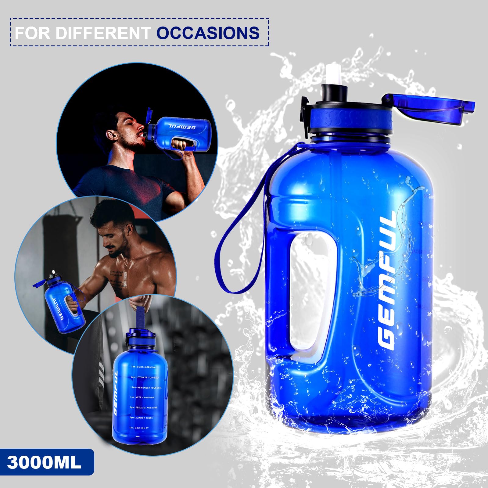 GEMFUL Grande Borraccia con Cannuccia 3 Litri con Indicazione del Dempo senza BPA per Sportiva Fitness (Royal Blue)