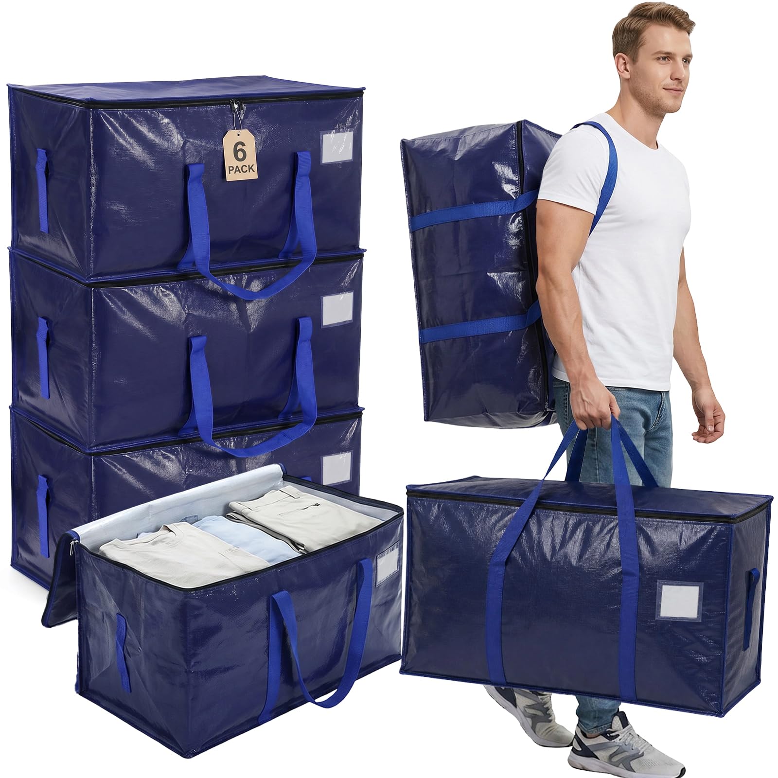 Moving Boxes Large Strong 6 Pack, 90L Heavy Duty Moving Bags with Handles & Zips, Tear-Resistant Large Storage Bags with Zips for Packing Boxes for Moving House, Home Organisation, Dorm