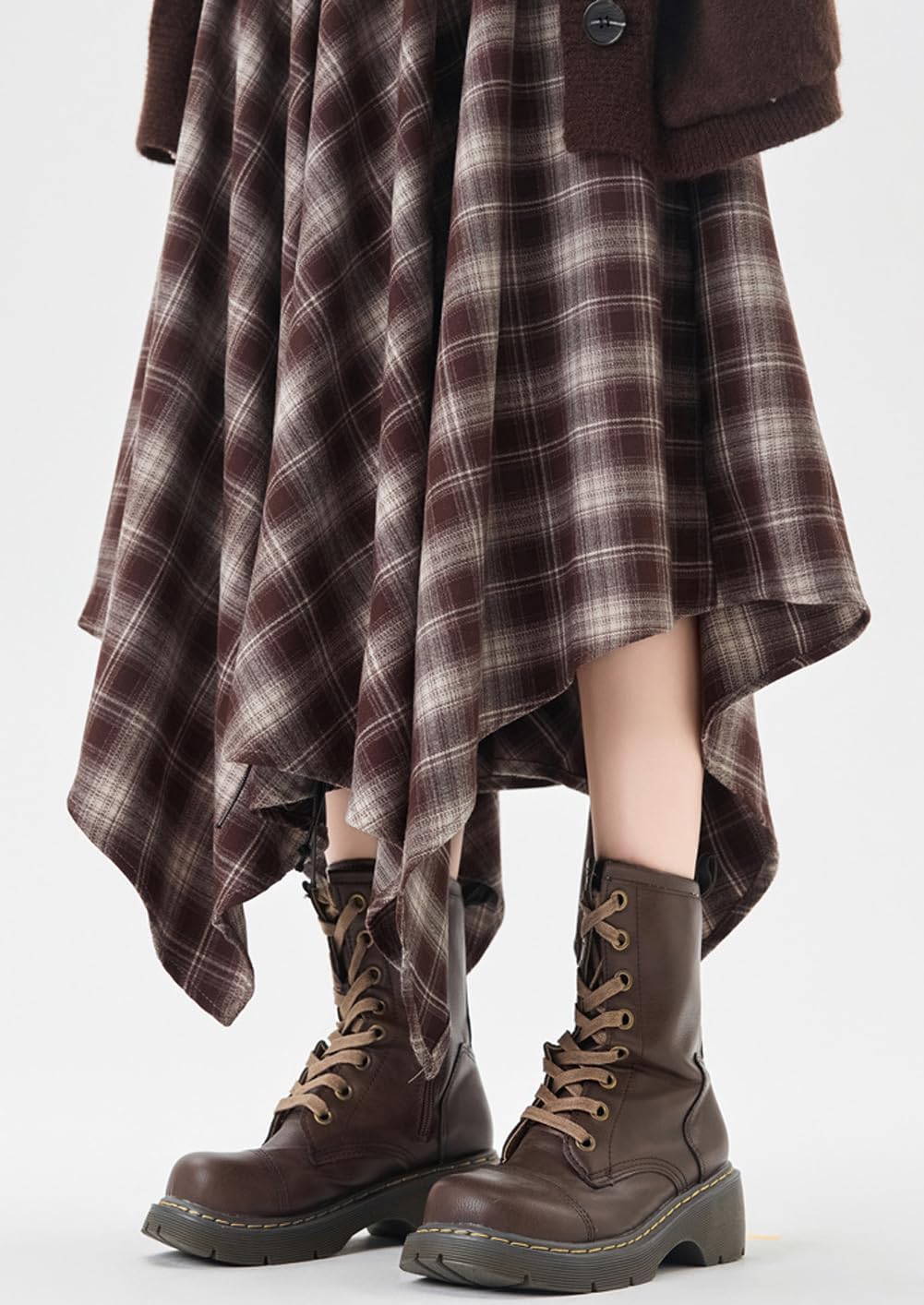 chouyatou Women 2025 Fall A-Line Pleated Midi Long Plaid Skirt Casual Handkerchief Hem Flare Skater Skirt