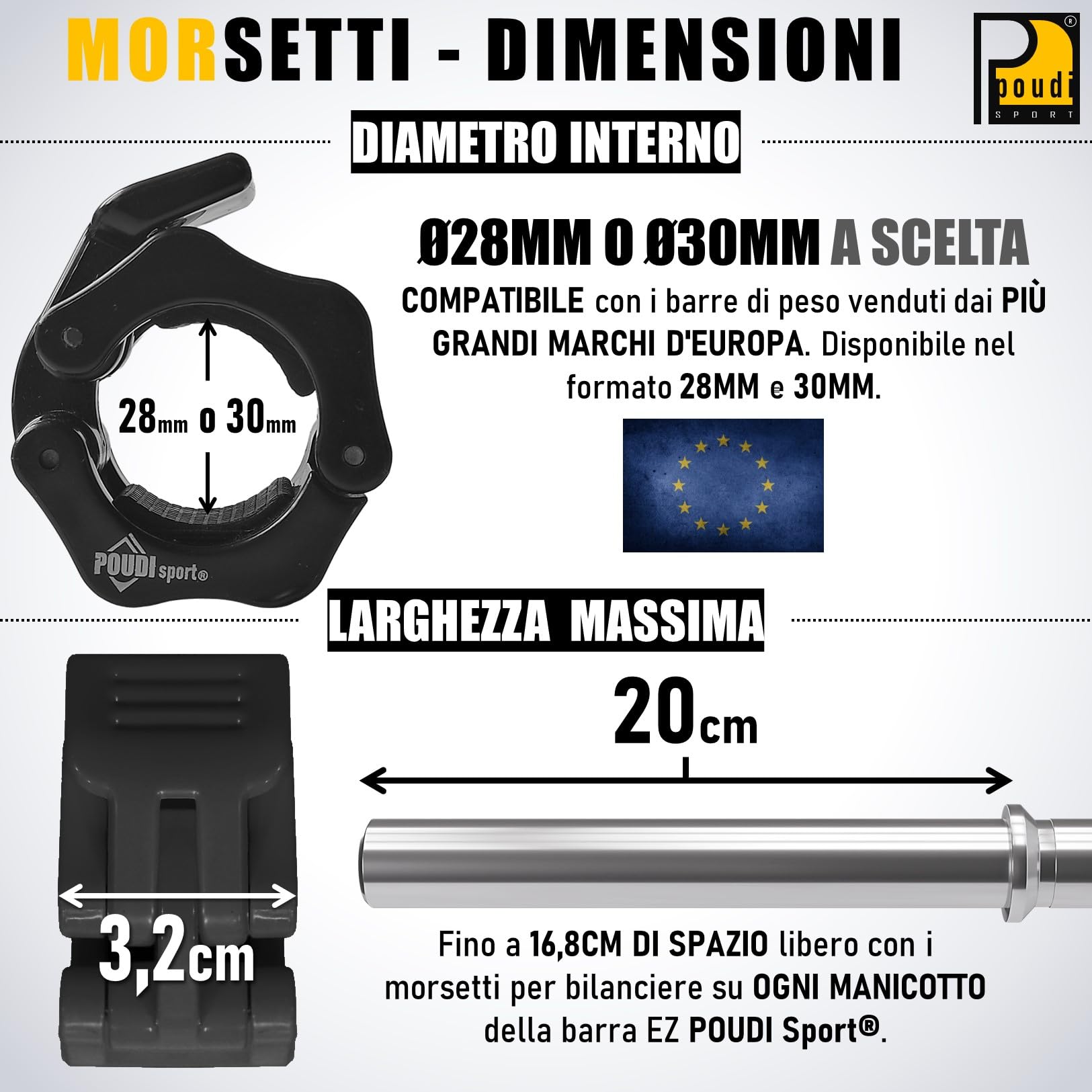 1 EZ curl barra bilanciere 120cm + 2 barre manubri corti 40cm | Ø 28/30mm | 6 morsetti per bilanciere | Acciaio cromato