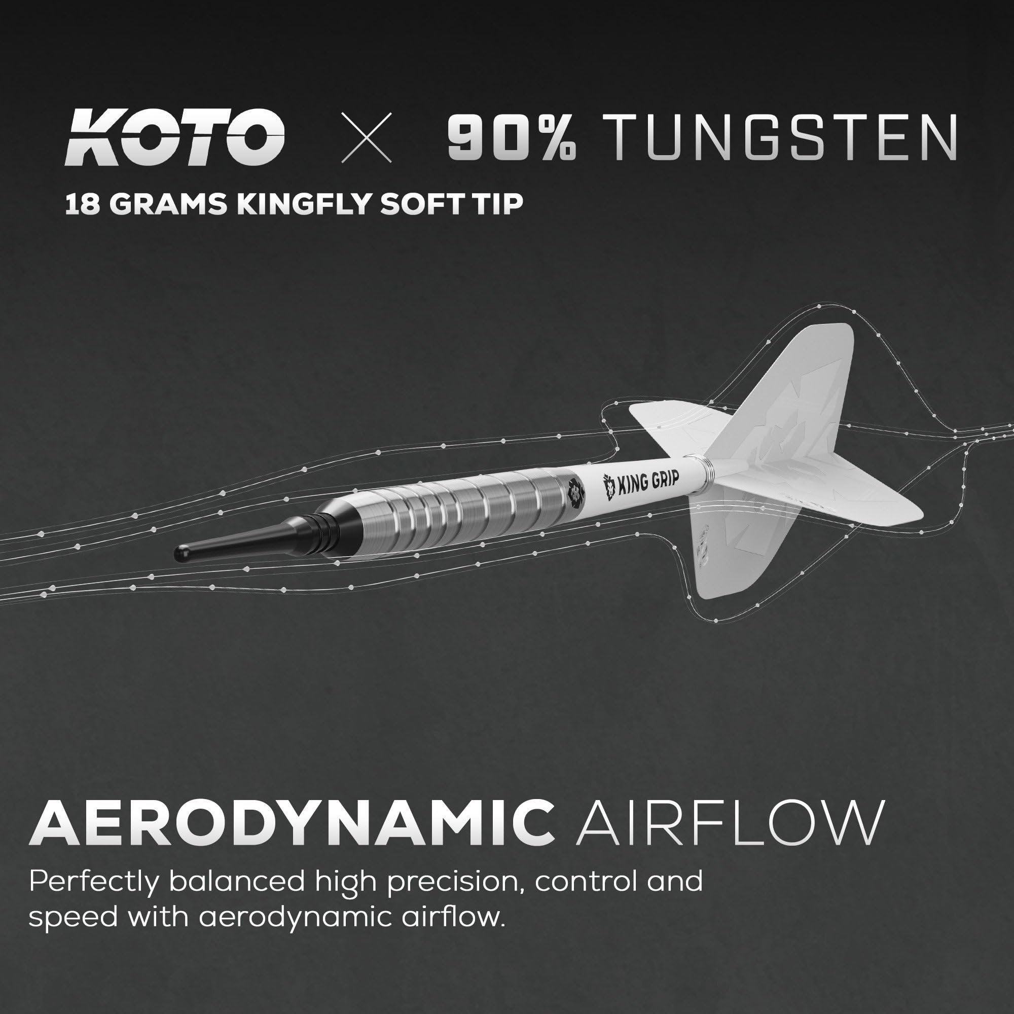 KOTO - Kingfly V1 90% Softdarts,18 G, Silber, Soft Tip Dartpfeile Inkl. 3 Barrels, 2 Sets Flights + Schäfte & Dartwallet, Firm Ringgrip