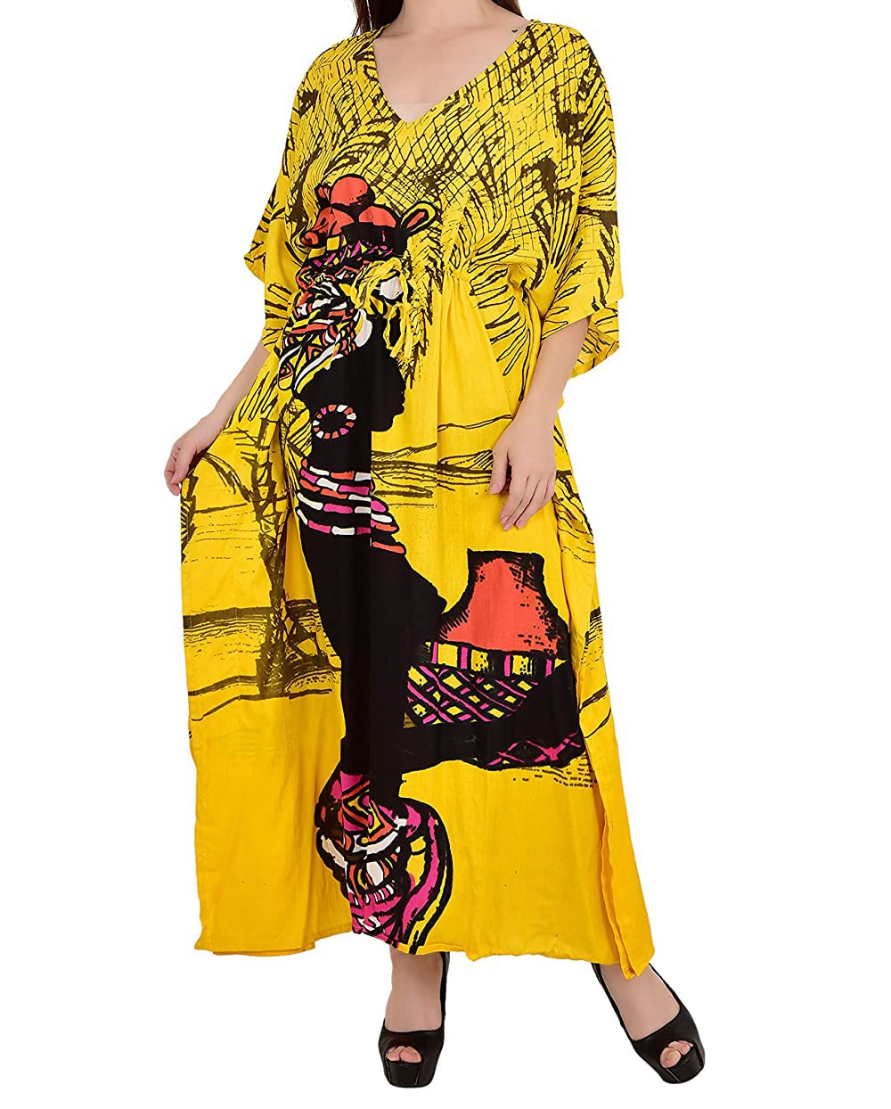 Ukal Caftan en coton pour femme - Impression numérique - Caftan - Robe longue - Longueur cheville - Sarong - Jaune - Taille unique