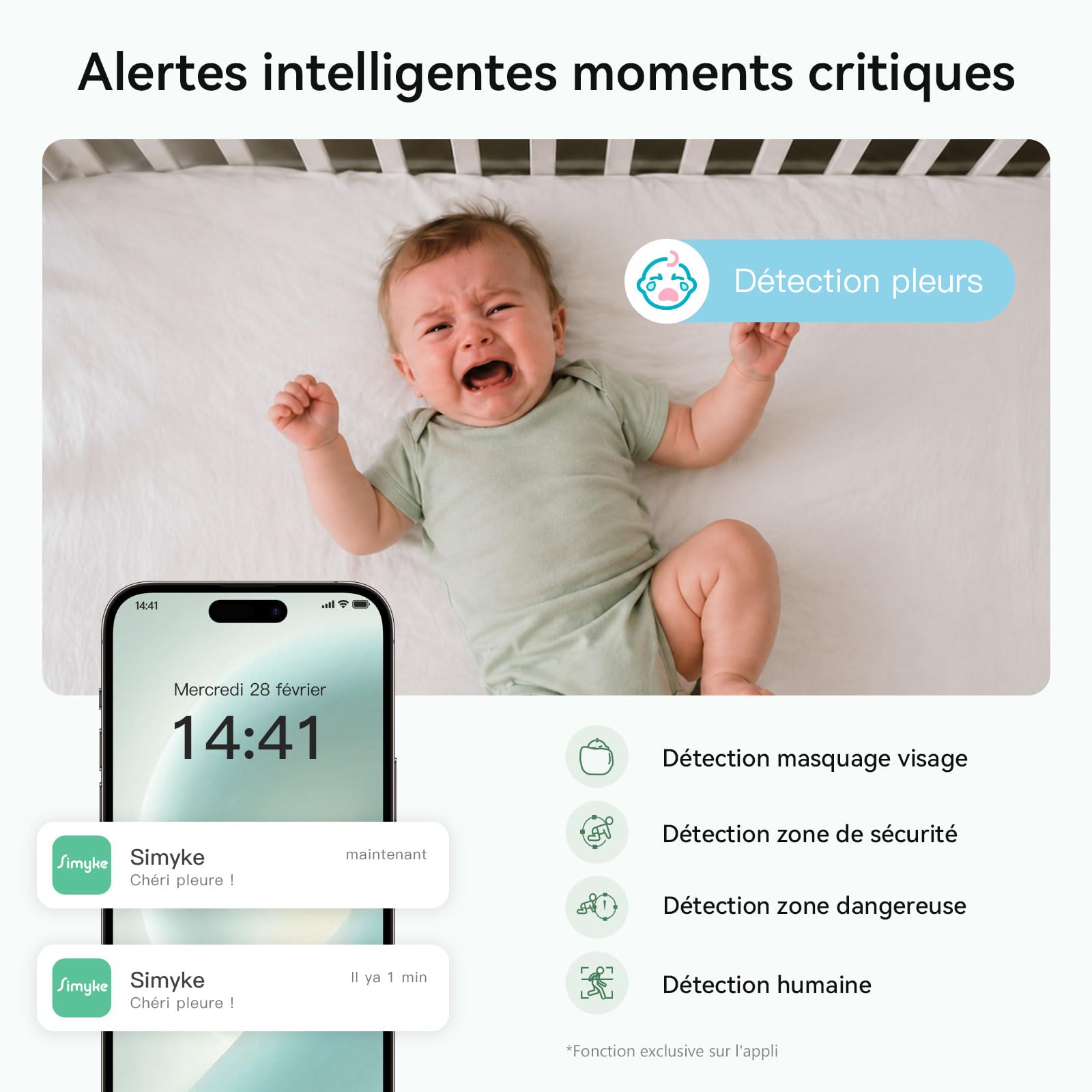 Simyke Babyphone Caméra Bébé Écran 3,5" & Caméra 1080P HD, Connexion WiFi Smartphone & Liaison Hors WiFi, Vision Nocturne, Zoom, VOX 20h Autonomie, Détection Intelligente, Stockage Local & Cloud